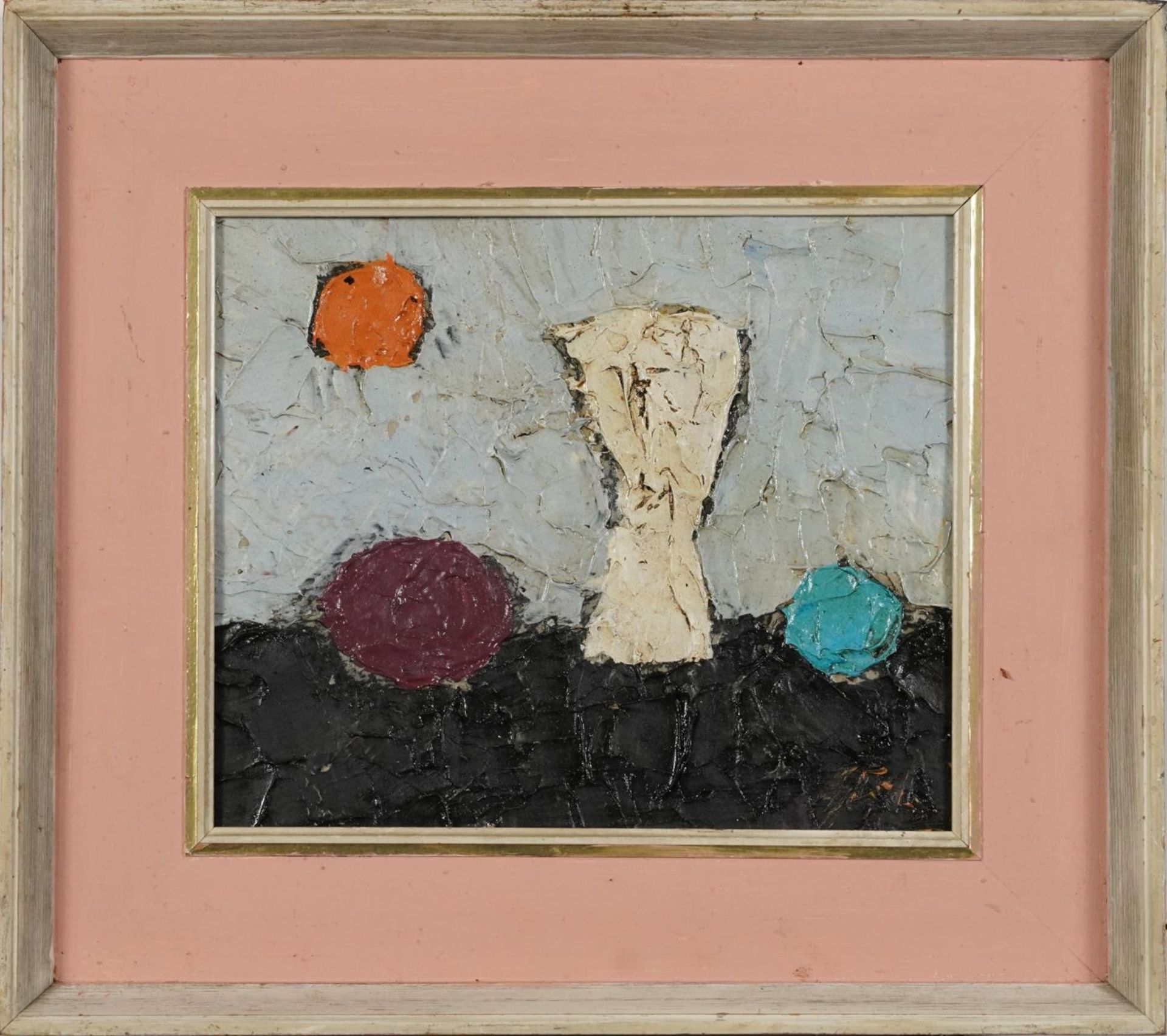 Abstract composition, still life vessels, impasto oil on board, mounted and framed, 29cm x 24cm - Image 2 of 4