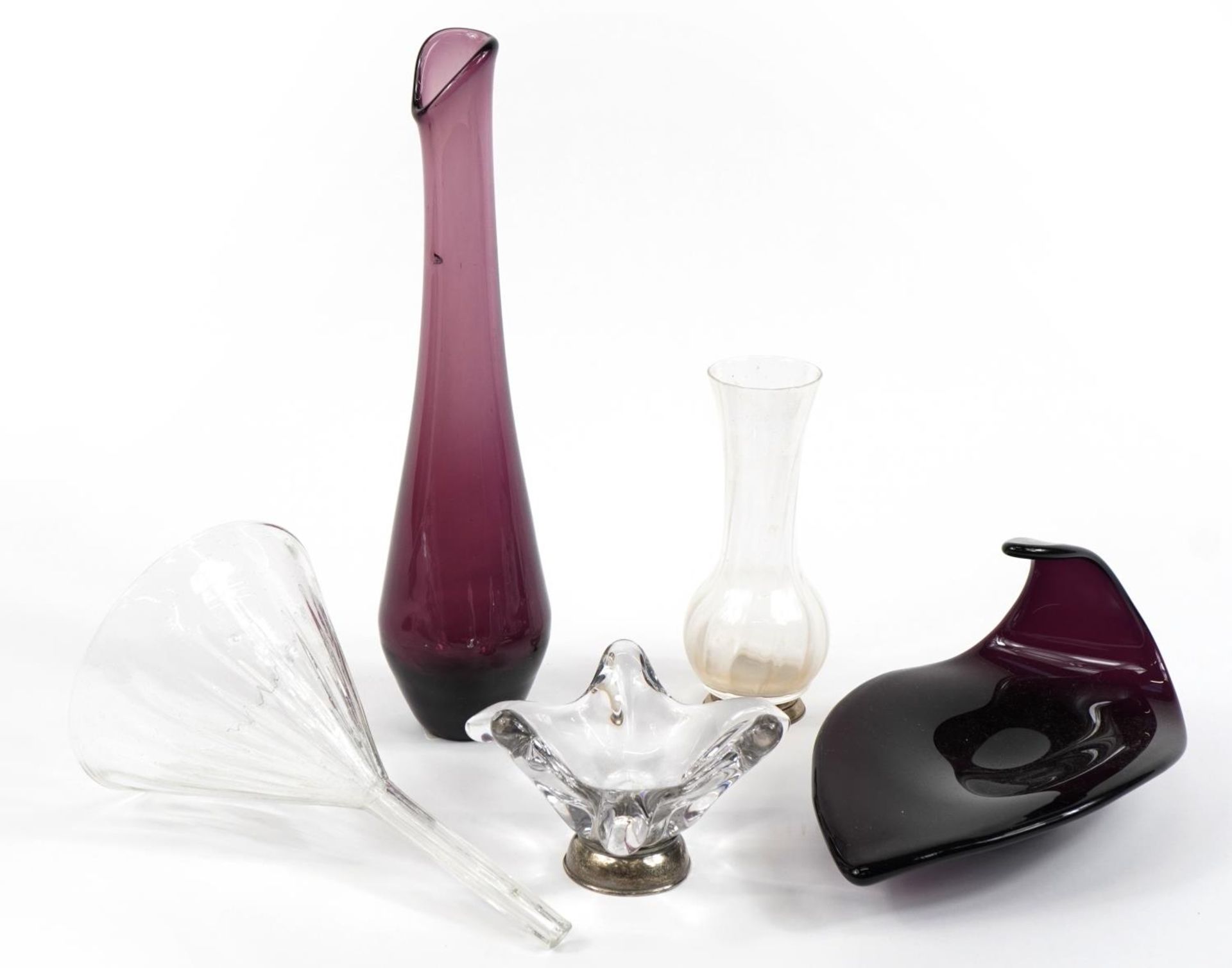 Art glassware comprising amethyst leaf bowl, amethyst vase, two clear glass examples with silver