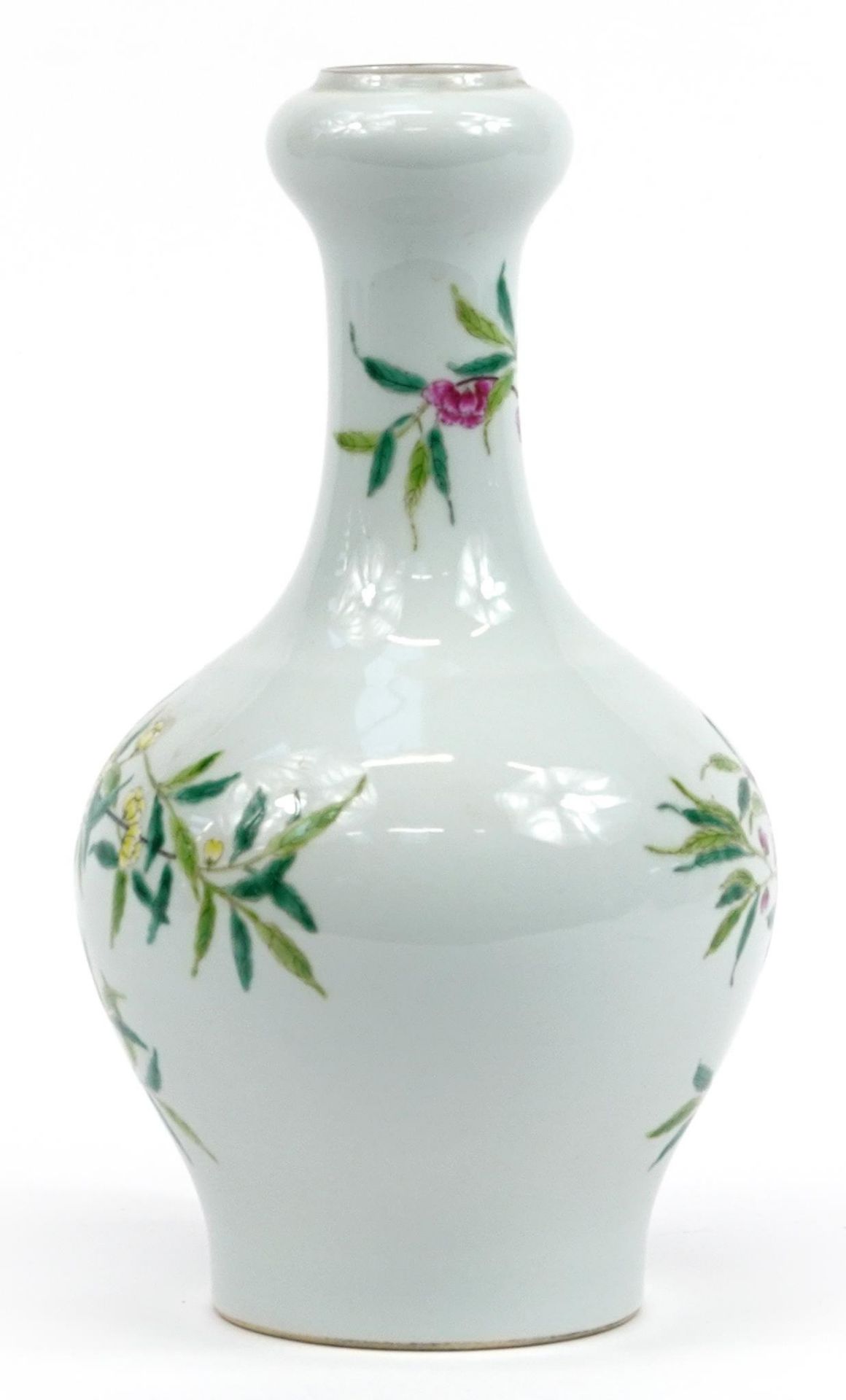 Chinese porcelain garlic head vase hand painted in the famille rose palette with birds amongst - Image 2 of 3