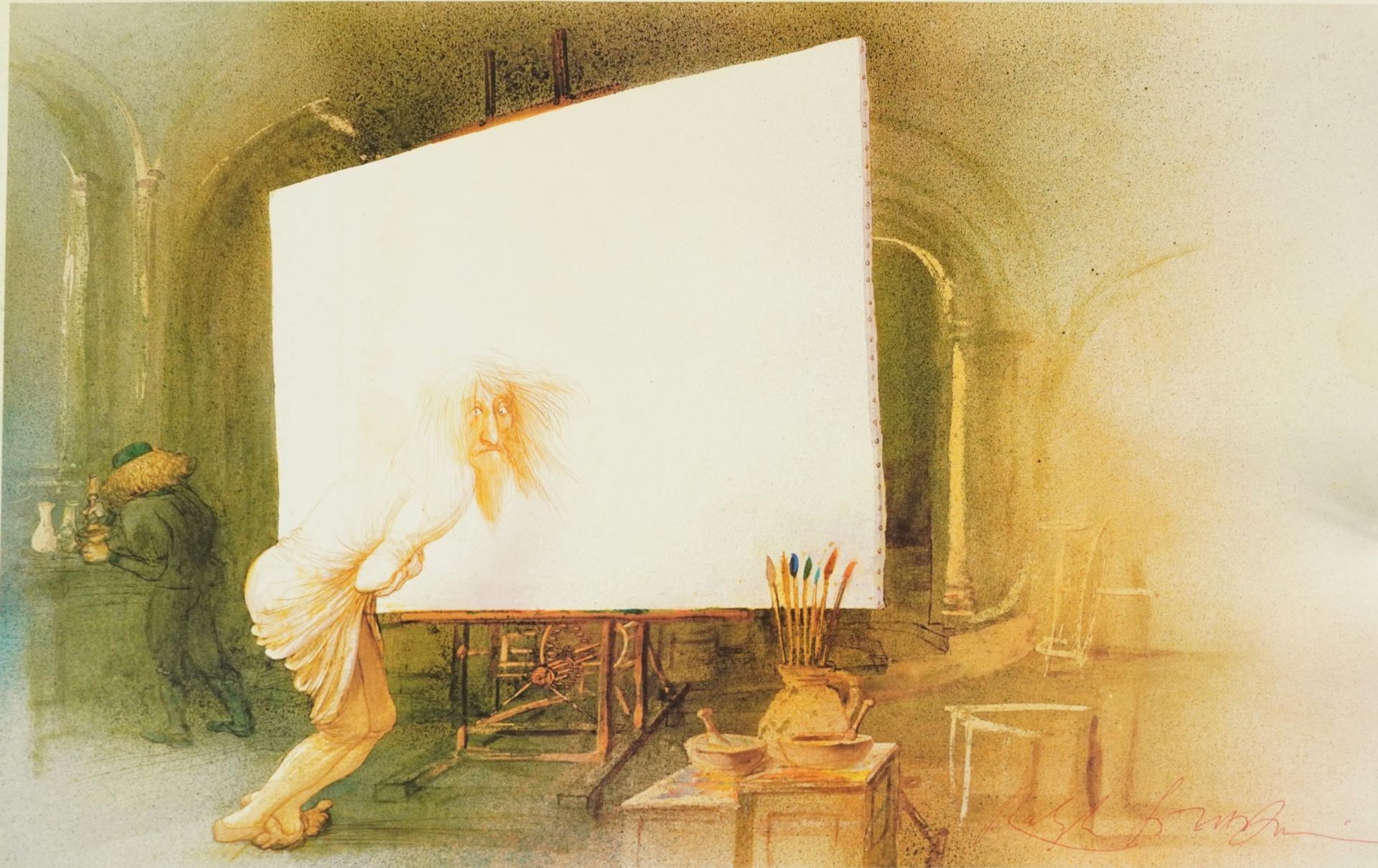 Ralph Steadman - Artist's studio with figure before a blank canvas, print in colour, signed in