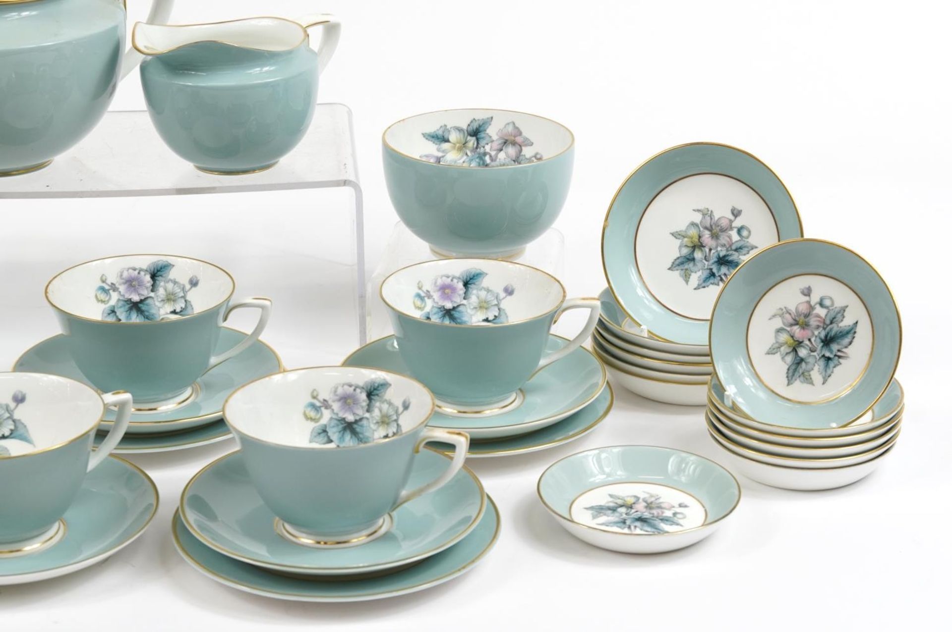 Royal Worcester Woodland pattern teaware including teapot, milk jug, sugar bowl and trios - Image 3 of 4