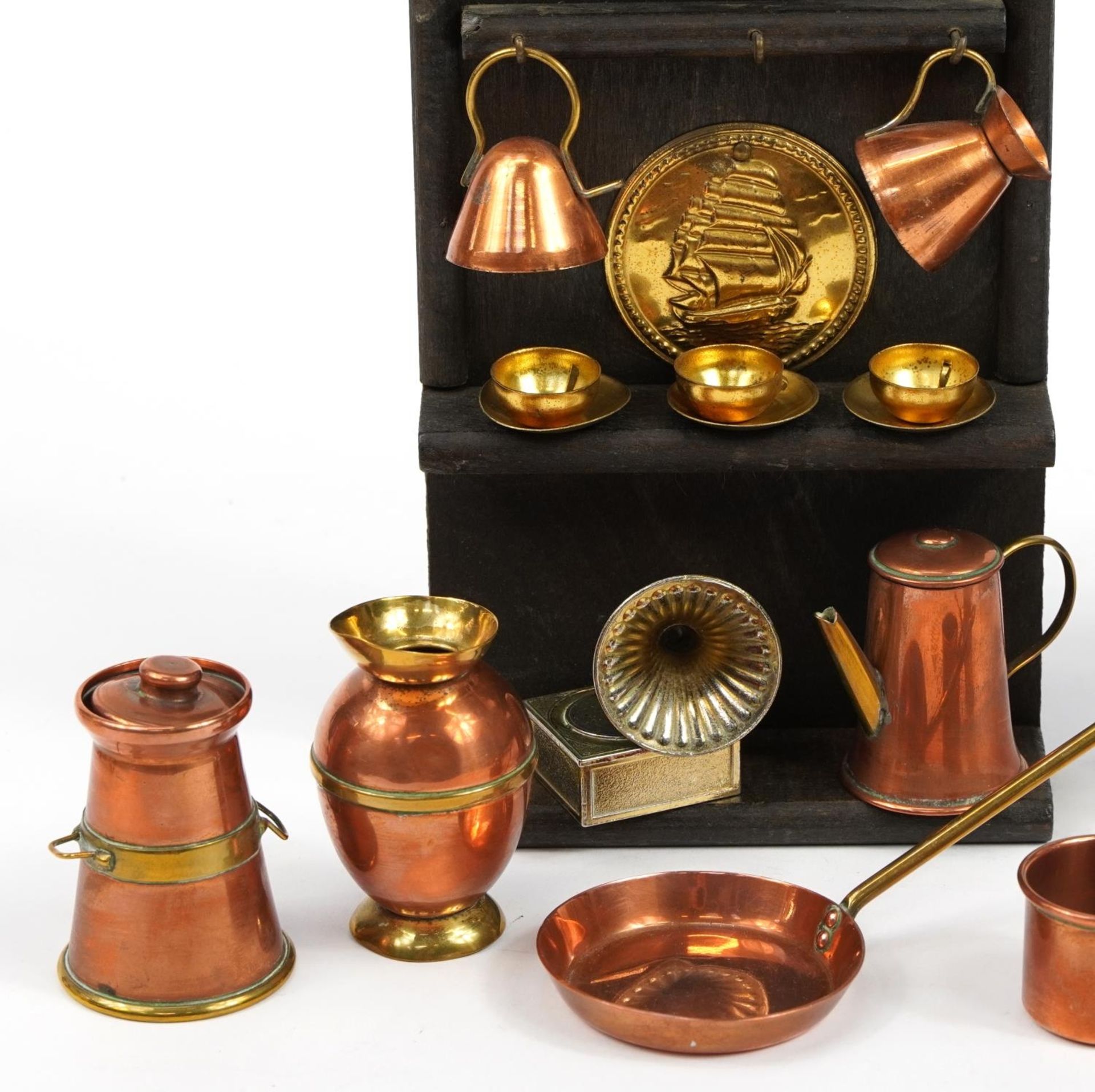 Objects including miniature copper and brass doll's house accessories and a brass diver's helmet - Image 2 of 3