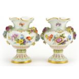 Meissen, pair of German floral encrusted porcelain vases hand painted with flowers, blue crossed