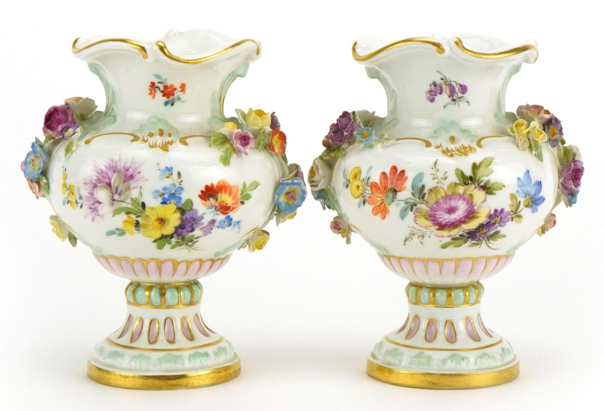 Meissen, pair of German floral encrusted porcelain vases hand painted with flowers, blue crossed