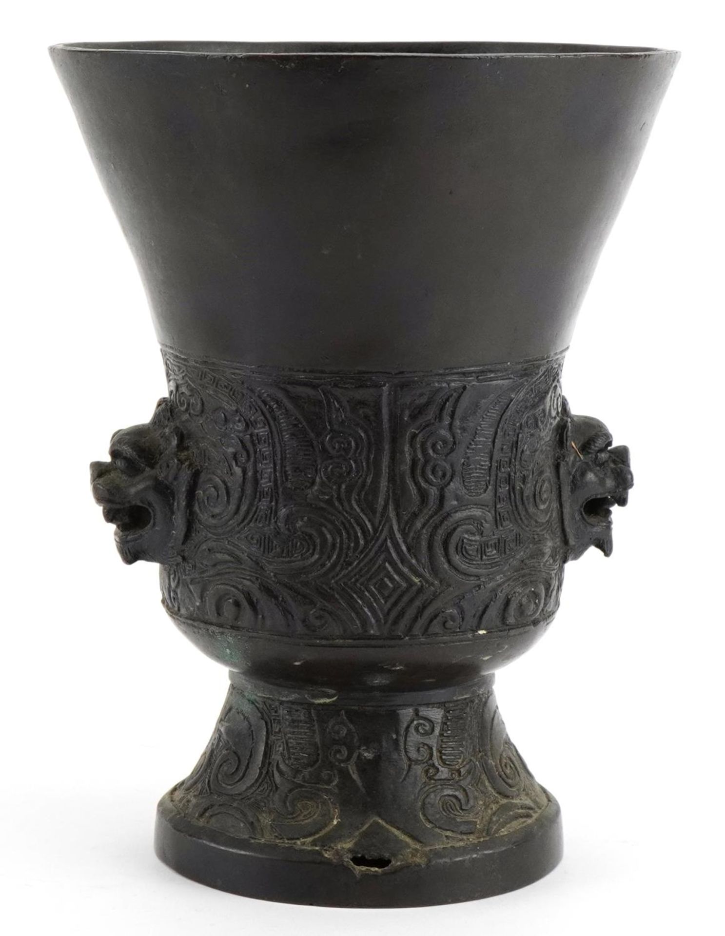 Chinese patinated bronze archaic style vessel with mythical head handles, 21cm high - Image 2 of 4