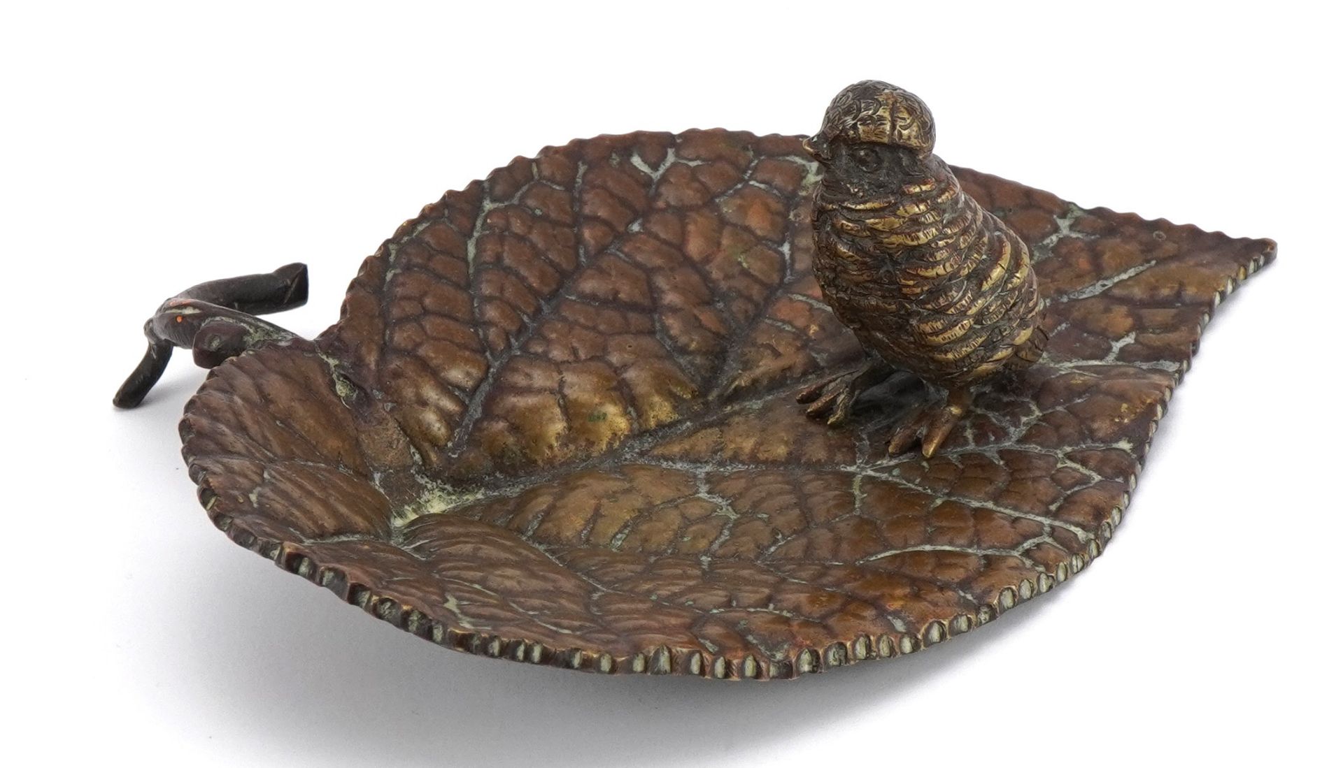 Manner of Franz Xaver Bergmann, patinated bronze dish in the form of a bird on a leaf, 16cm wide