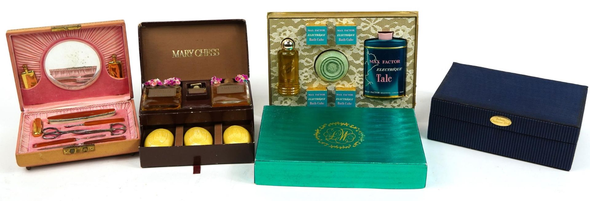 Vintage perfumes and vanity items including Mary Chess Tapestry perfume and soap set, Max Factor