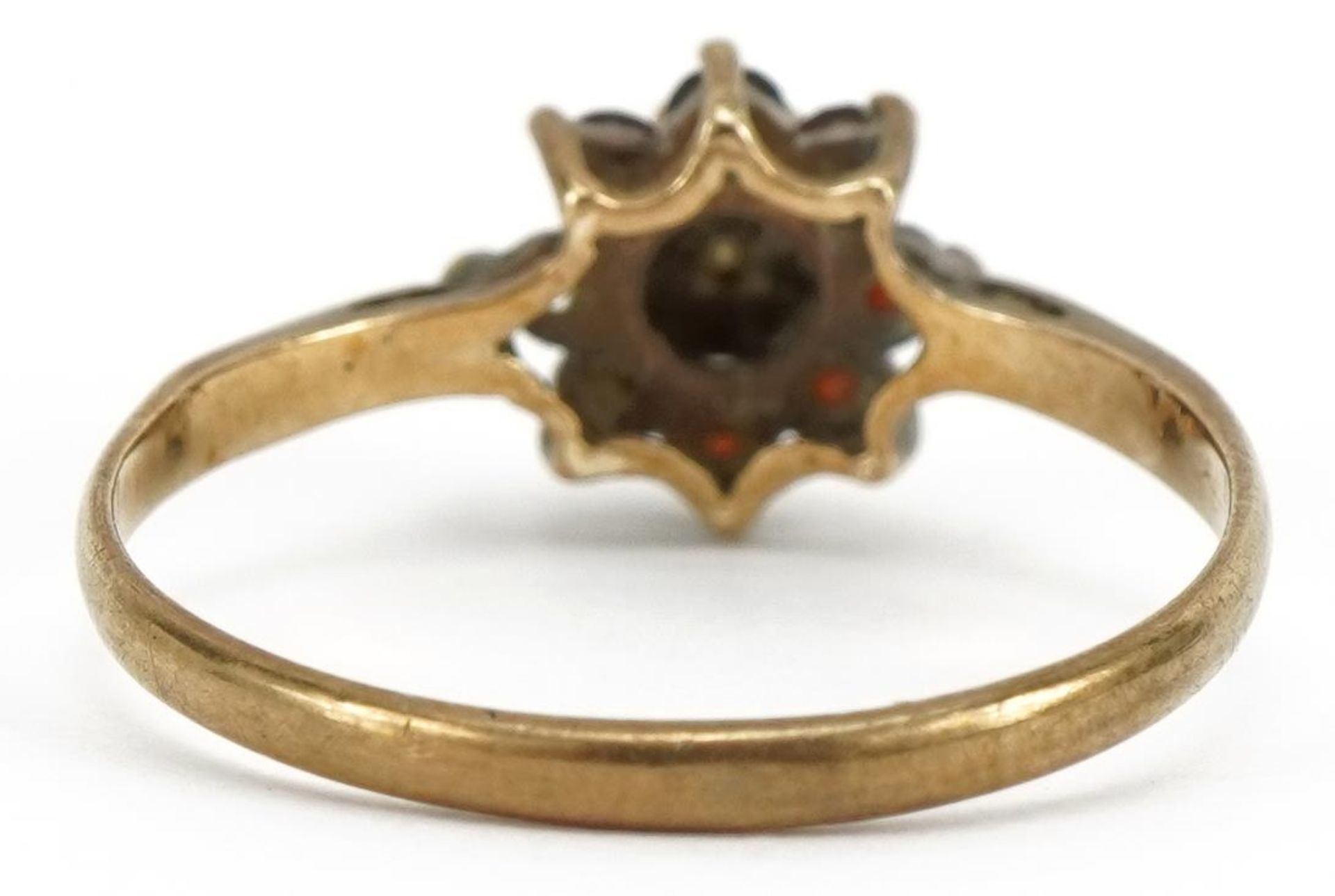 9ct gold garnet and diamond flower head ring, Birmingham 1975, size L, 1.3g - Image 2 of 3