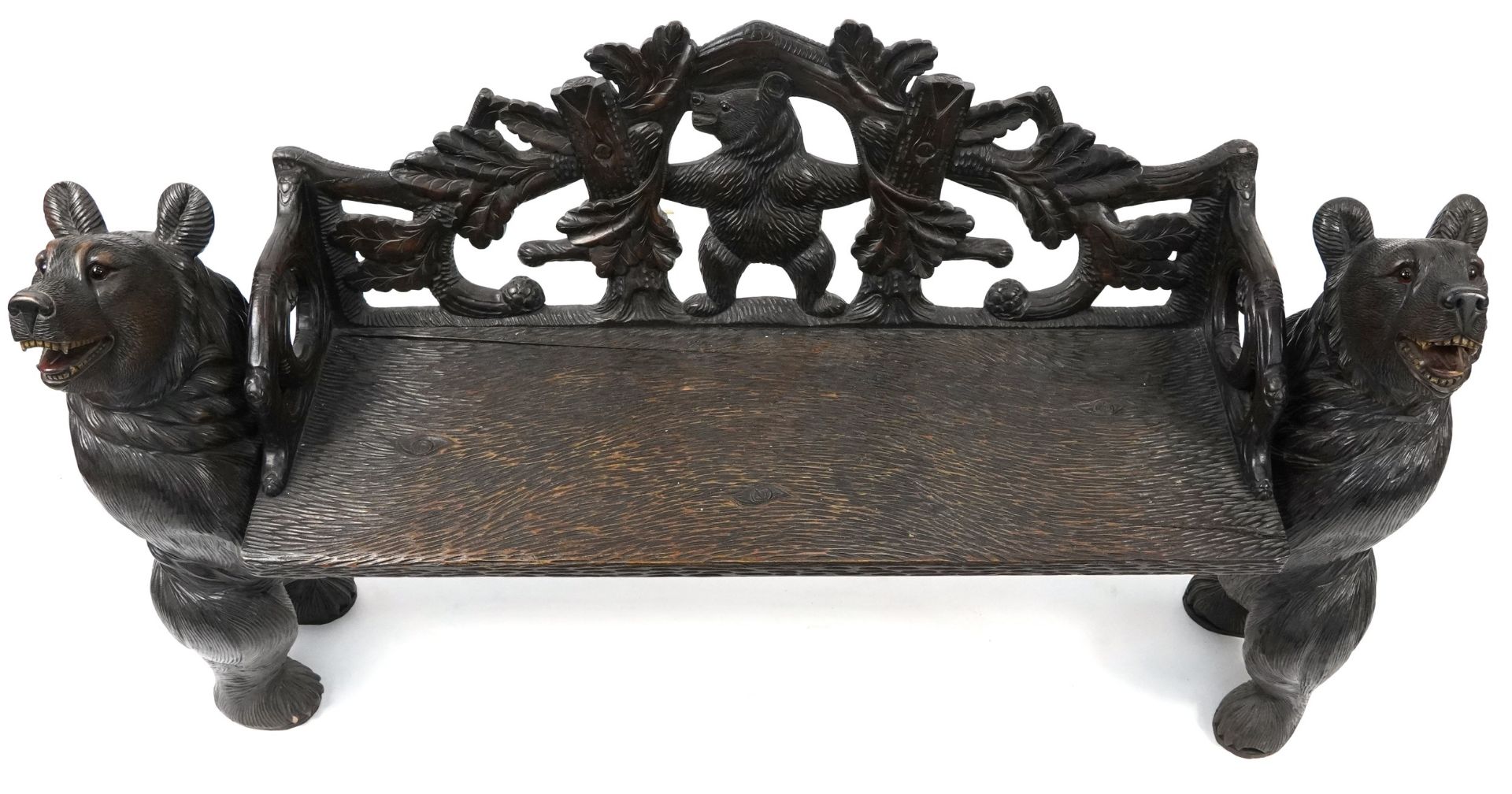 Swiss Black Forest carved bear bench with two standing bears holding a carved backrest decorated - Image 2 of 5