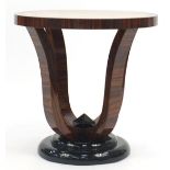 Art Deco style rosewood and bird's eye maple effect occasional table, 59cm high x 59.5cm in diameter