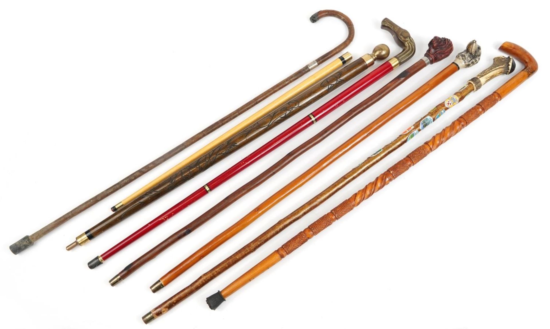 Seven walking sticks including a pool cue stick, one with horn handle and one bamboo with silver - Image 2 of 2