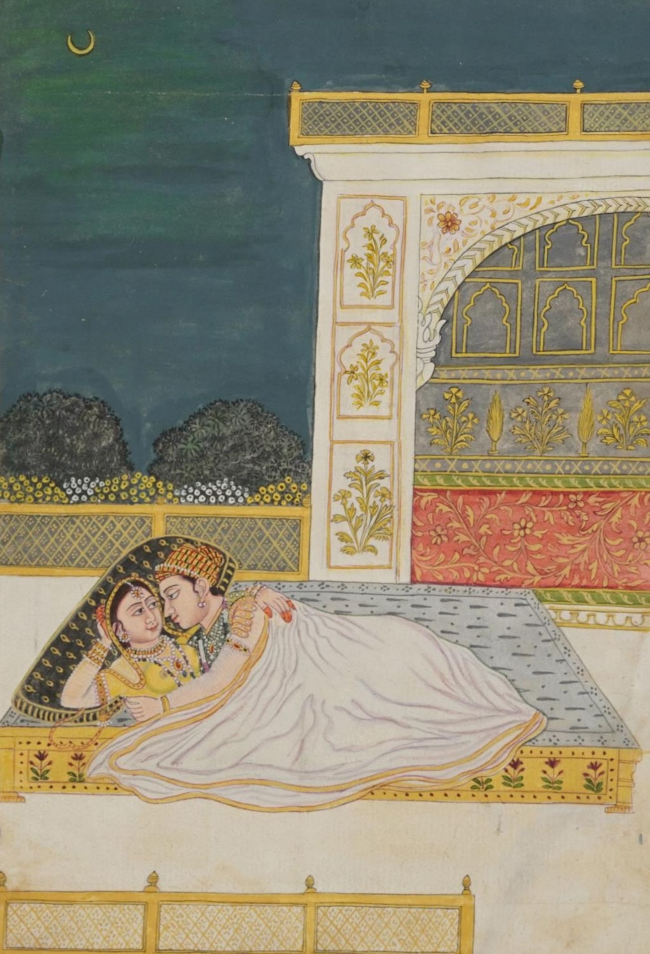 Two figures before an archway, Indian Mughal school watercolour on card, unframed, 29cm x 18.5cm