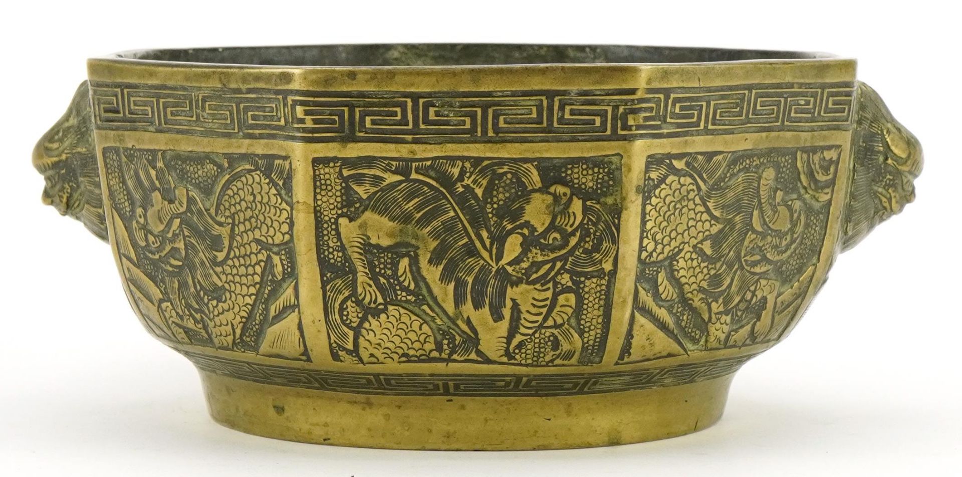 Chinese patinated bronze censer with animalia handles, character marks to the base, 17.5cm wide