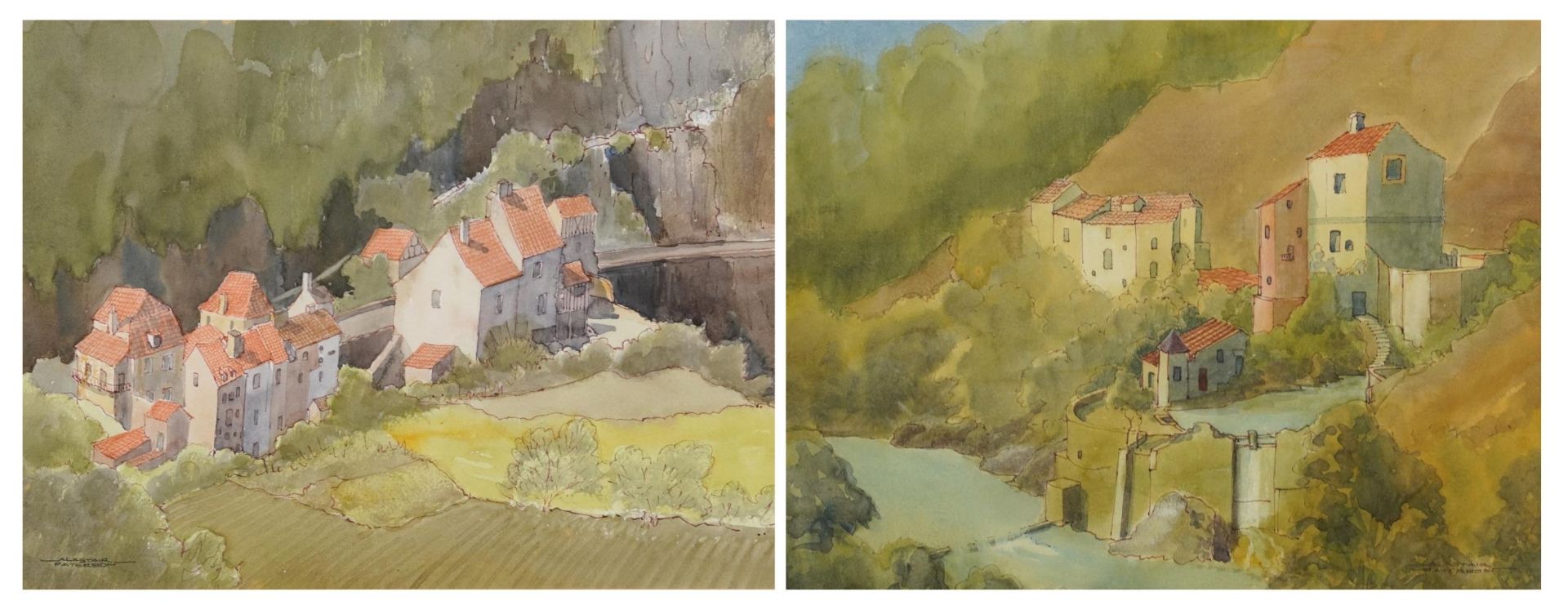 Alistair Paterson - Hill Village and French Mountain, pair of ink and watercolours, each with labels