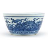 Chinese porcelain blue and white bowl hand painted with calligraphy and dragons chasing the