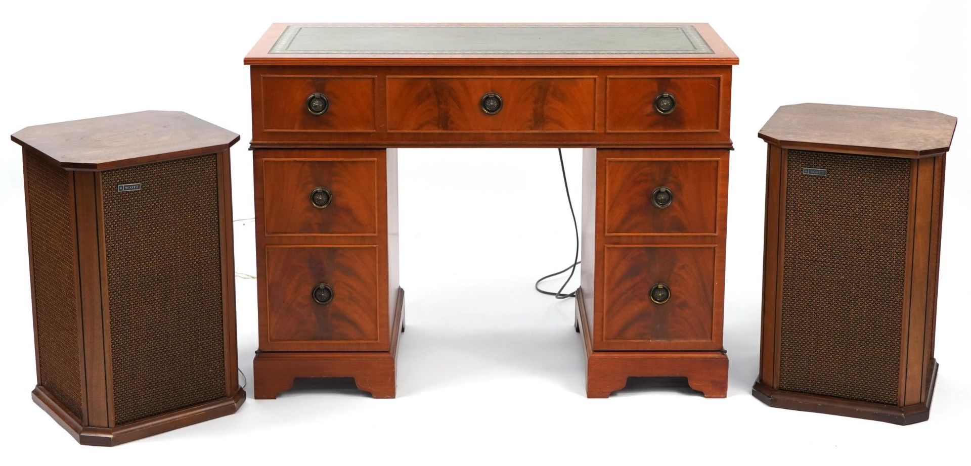 Yew twin pedestal desk gramophone cabinet housing a Garrard SP25MKV turntable, Dynatron tuner