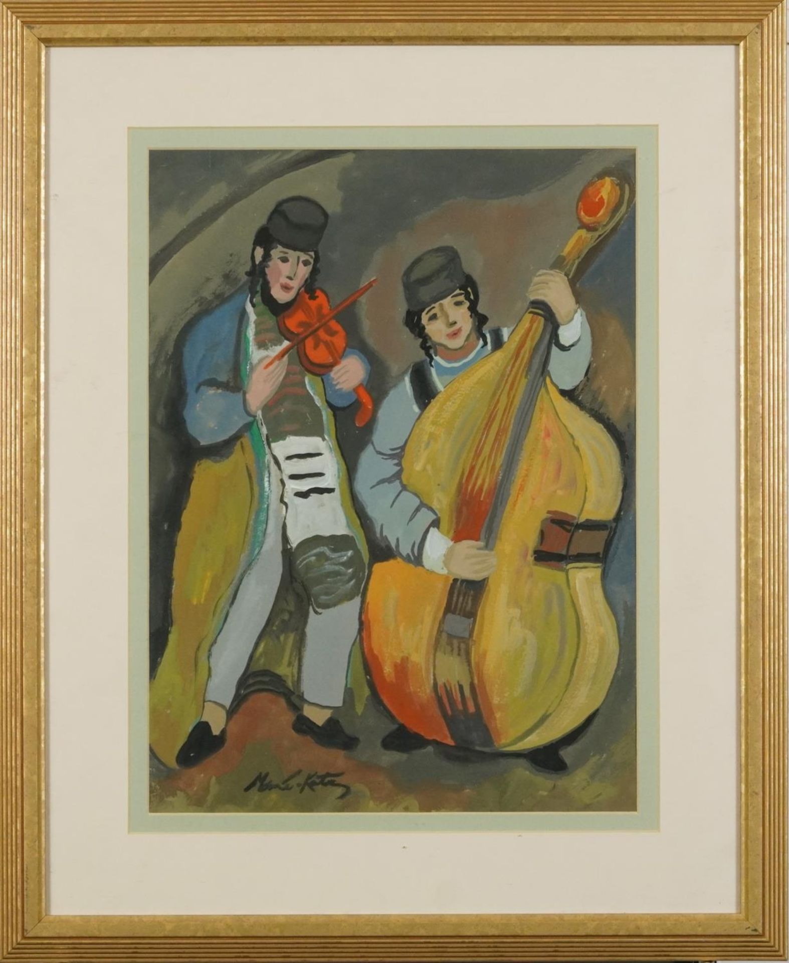 Manner of Emmanuel Mane-Katz - Two musicians, Israeli school gouache on paper, mounted, framed and - Image 2 of 4