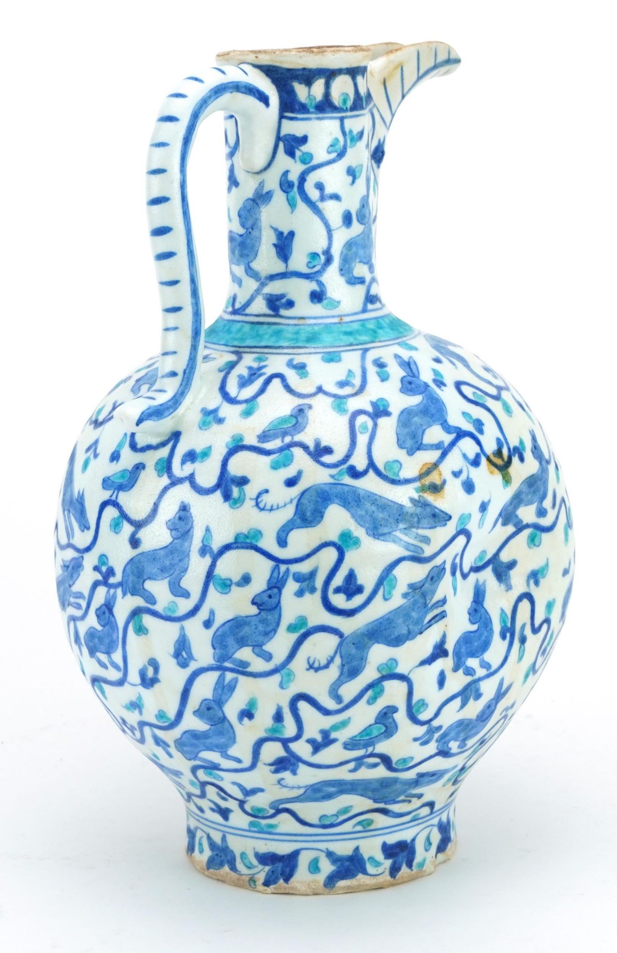 Turkish Ottoman Iznik pottery water jug hand painted with wild animals and flowers, 29cm high - Image 2 of 3