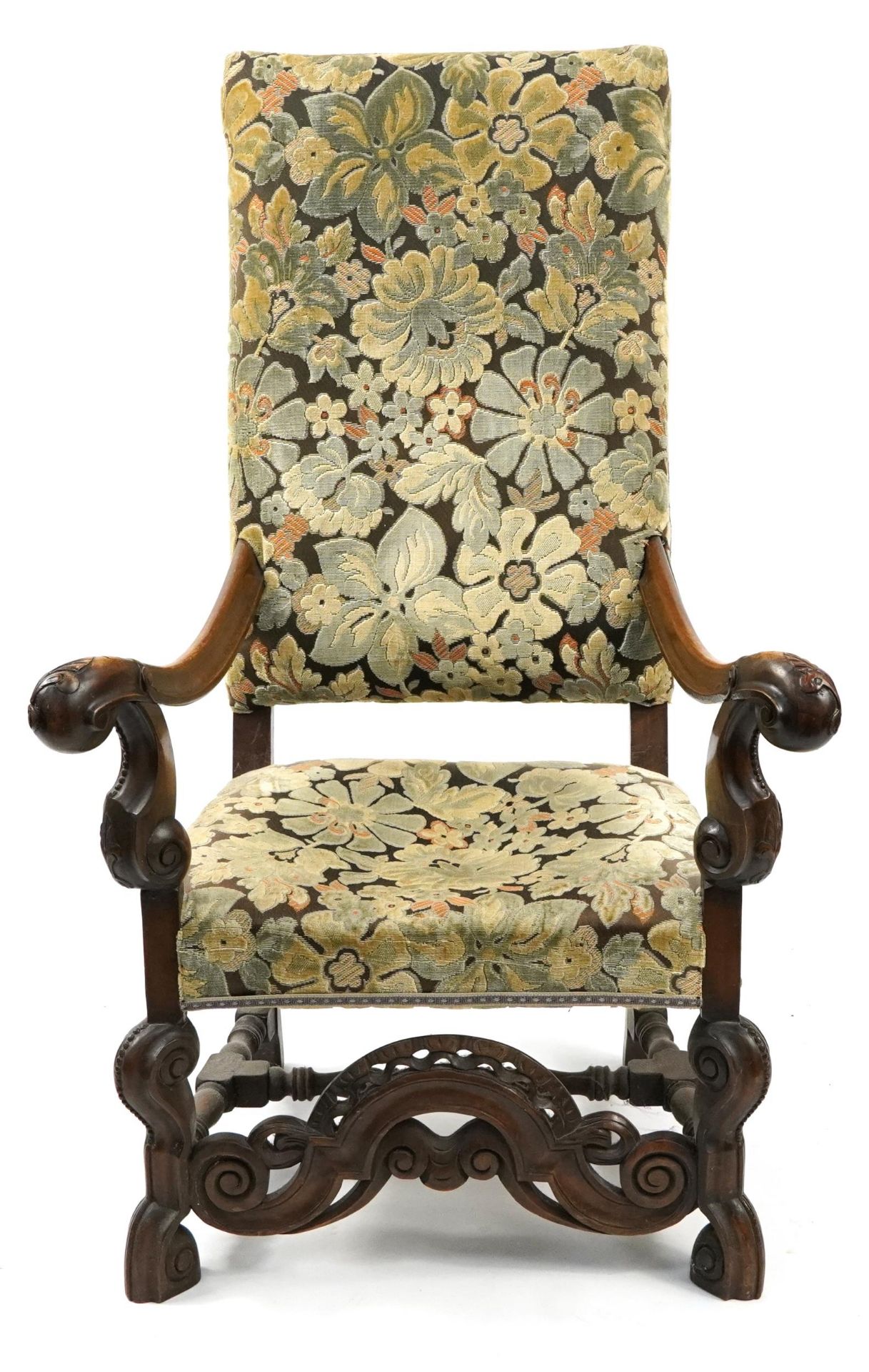 Antique carved oak framed throne chair with floral upholstered back and seat, 119cm high - Bild 2 aus 3