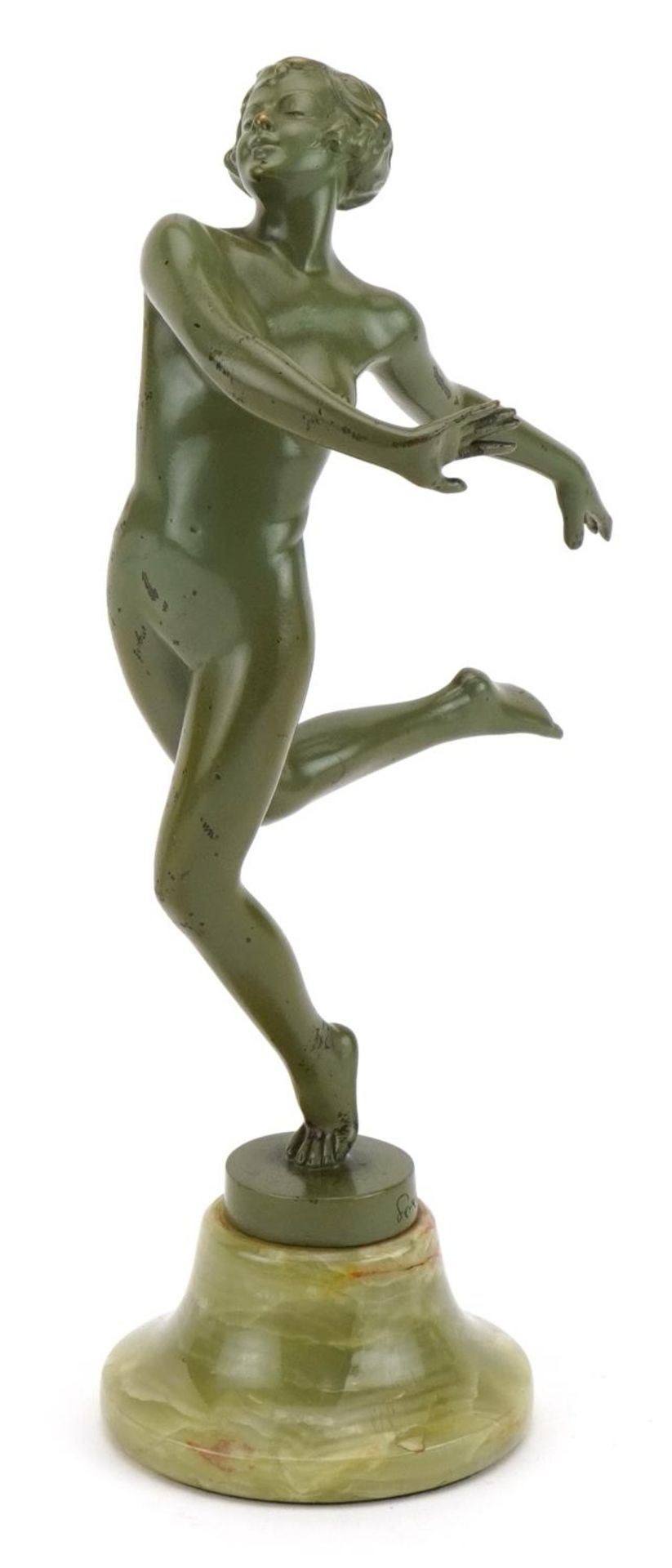 Joseph Lorenzl, Austrian Art Deco verdigris bronze figure of a nude dancer raised on a circular onyx