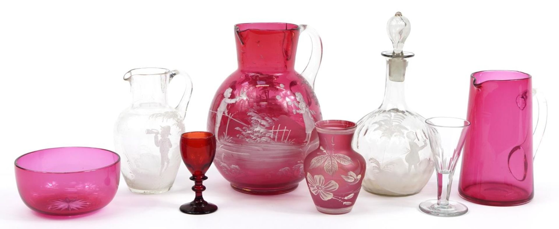 Antique and later glassware including hand painted Mary Gregory jugs and decanter with stopper,