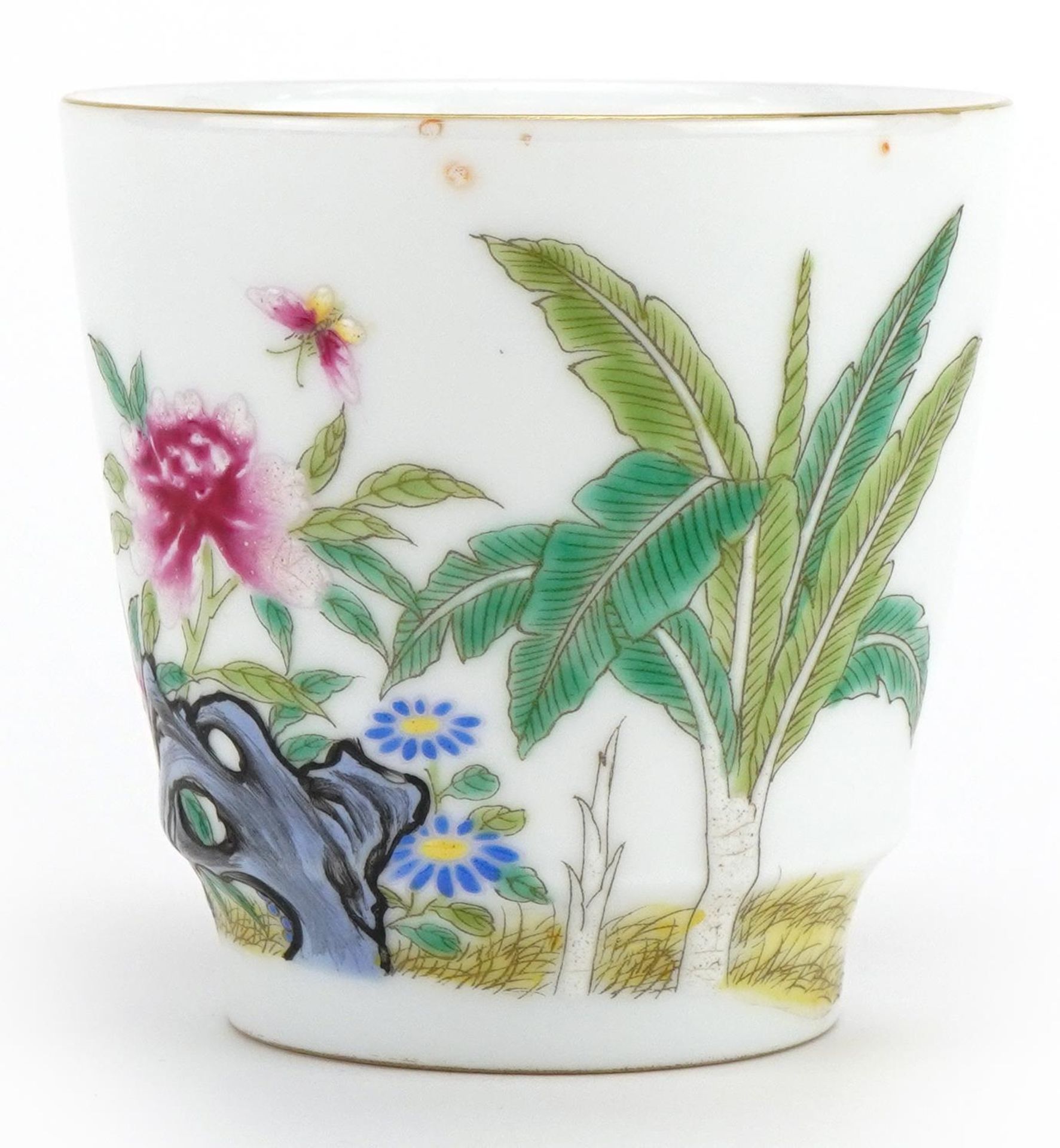 Chinese porcelain teacup hand painted in the famille rose palette with a chicken amongst flowers, - Image 2 of 3