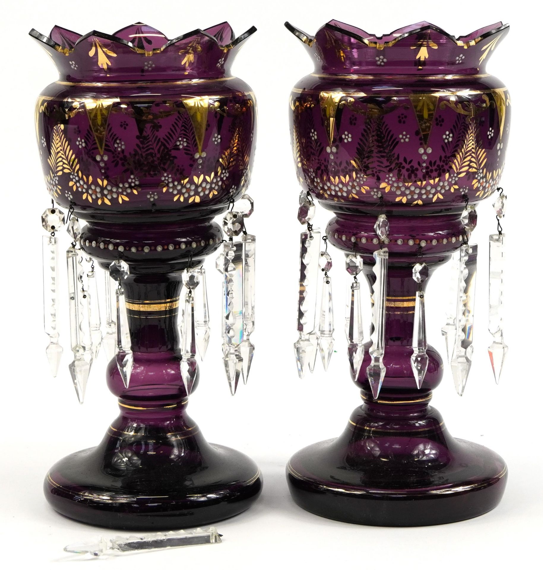 Pair of Bohemian purple glass lustre vases with cut glass drops and jewelled decoration, each 37.5cm - Bild 2 aus 3