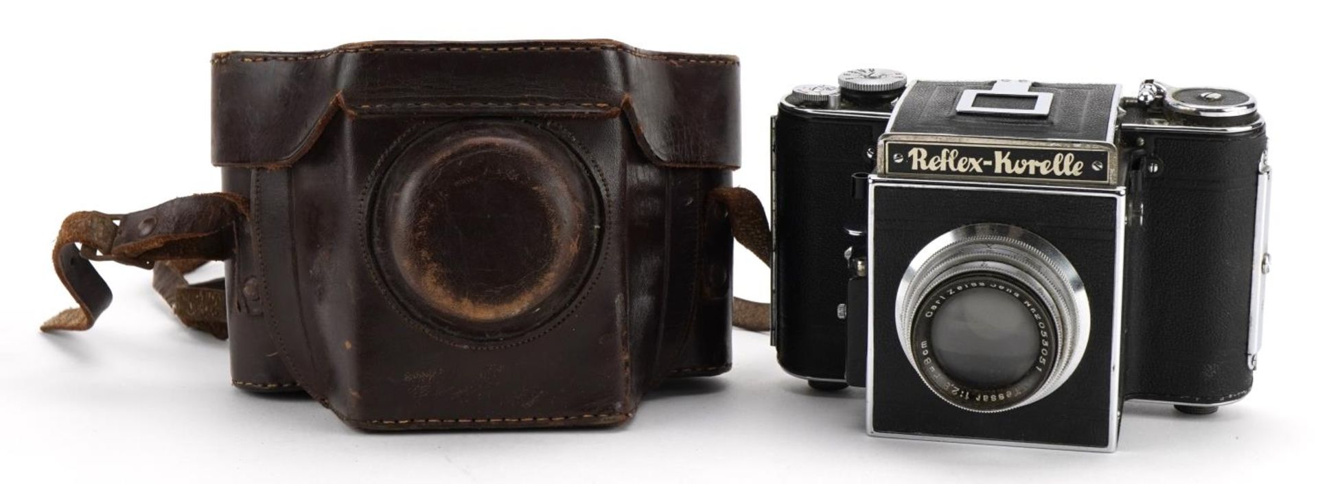 Vintage Reflex Korelle camera with Carl Zeiss Jena number 2053051 lens and leather case