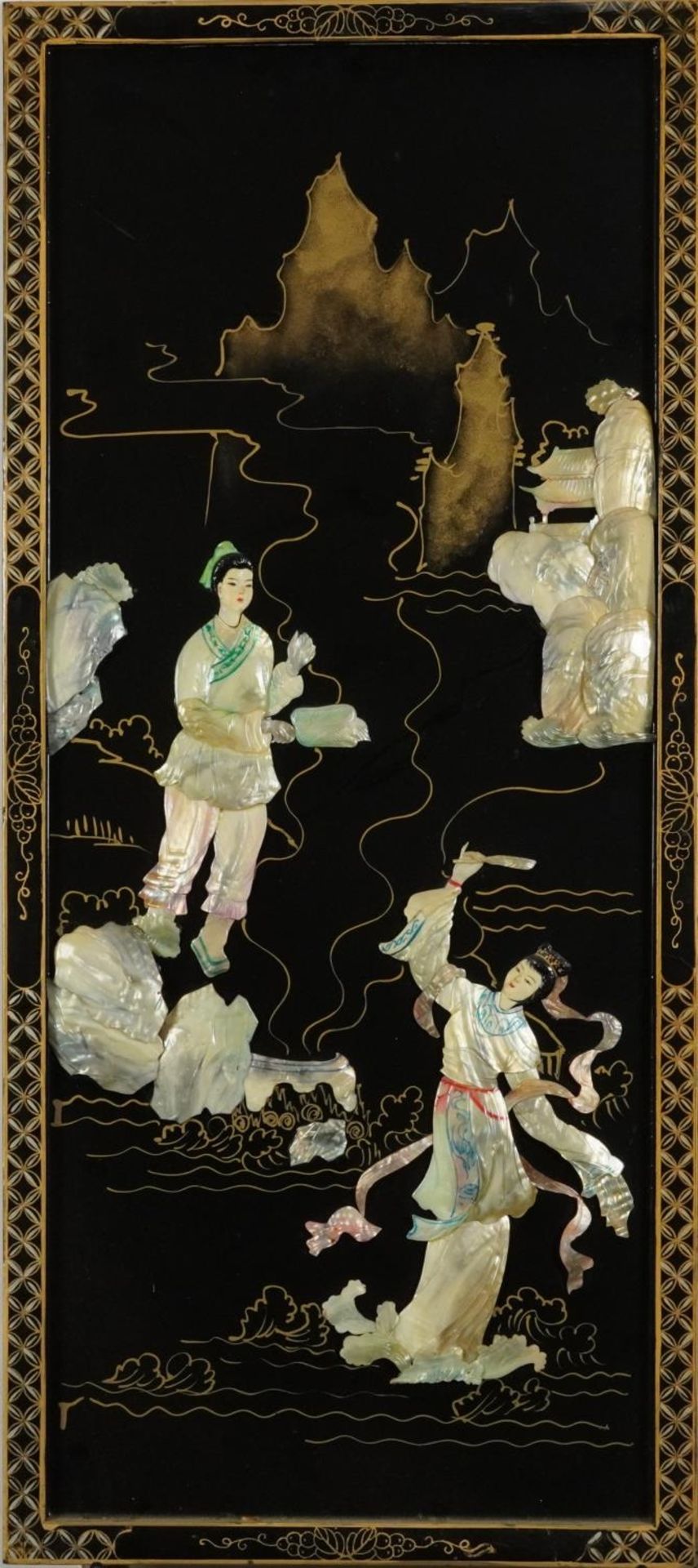 Figures and pagodas, Chinese mother of pearl relief panel, 90cm x 40cm - Bild 2 aus 4