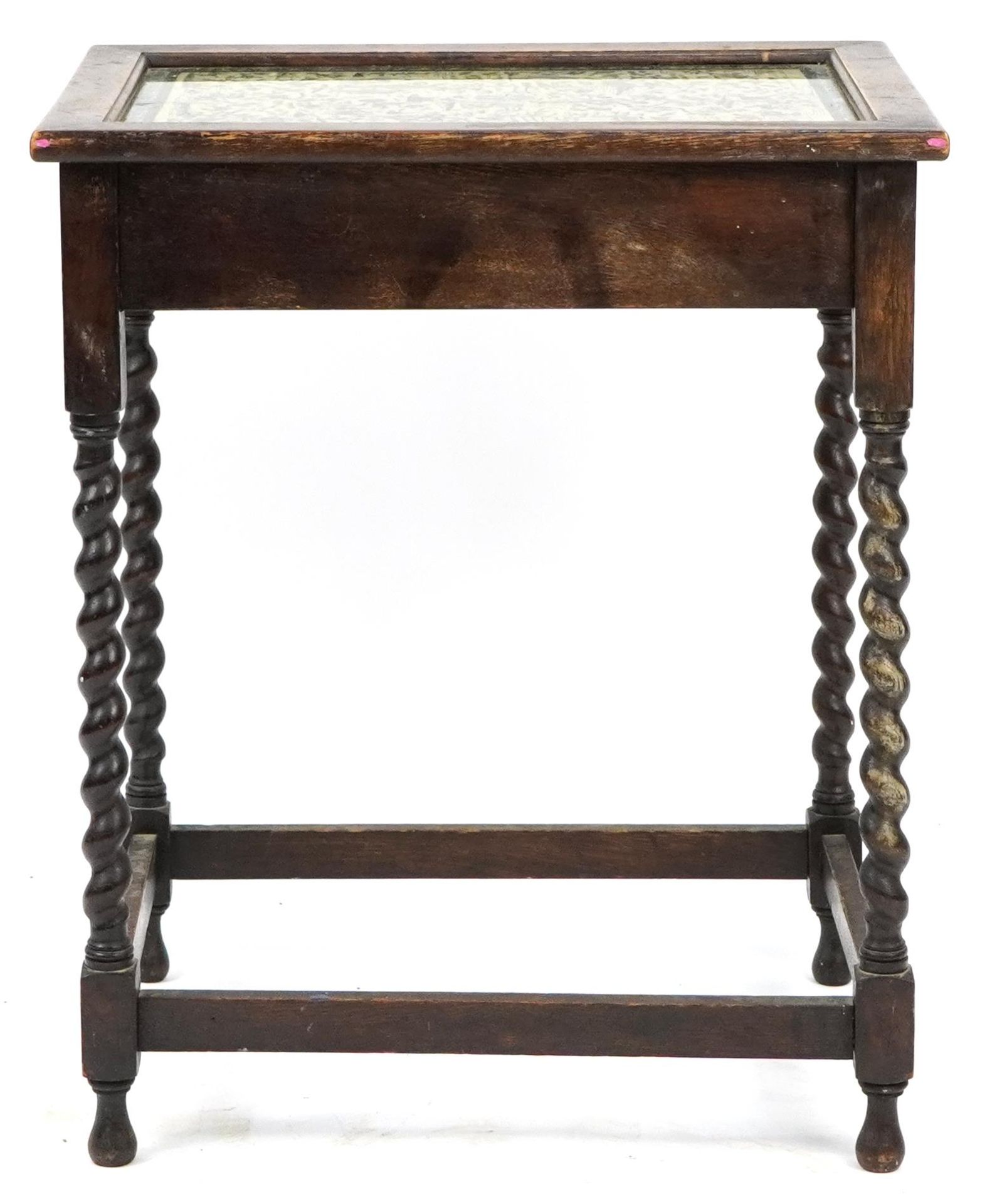 Oak barley twist occasional table with glass top and Chinese decoration, 71cm H x 60cm W x 46cm D - Bild 4 aus 4