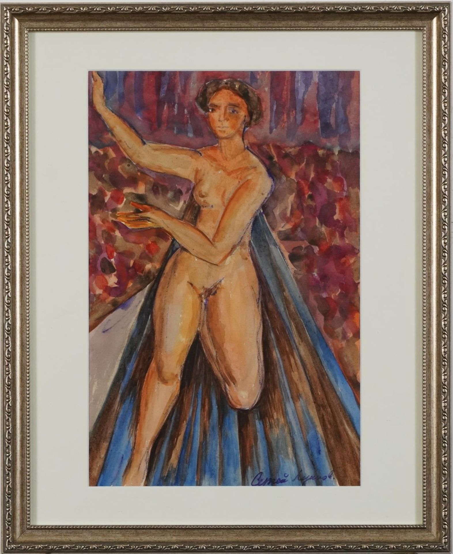 Sergej Michailovich Luppov - Full length portrait of a nude female, Russian watercolour, mounted, - Image 2 of 4