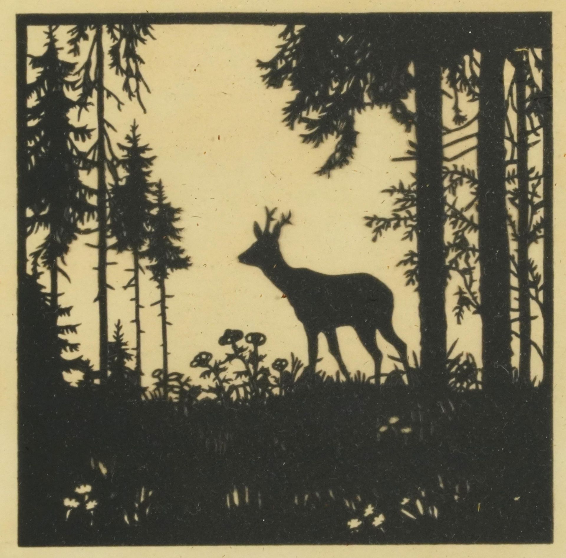 Rural landscapes with trees and deer, four woodcut prints, framed and glazed, each 28.5cm x 22.5cm - Bild 2 aus 13