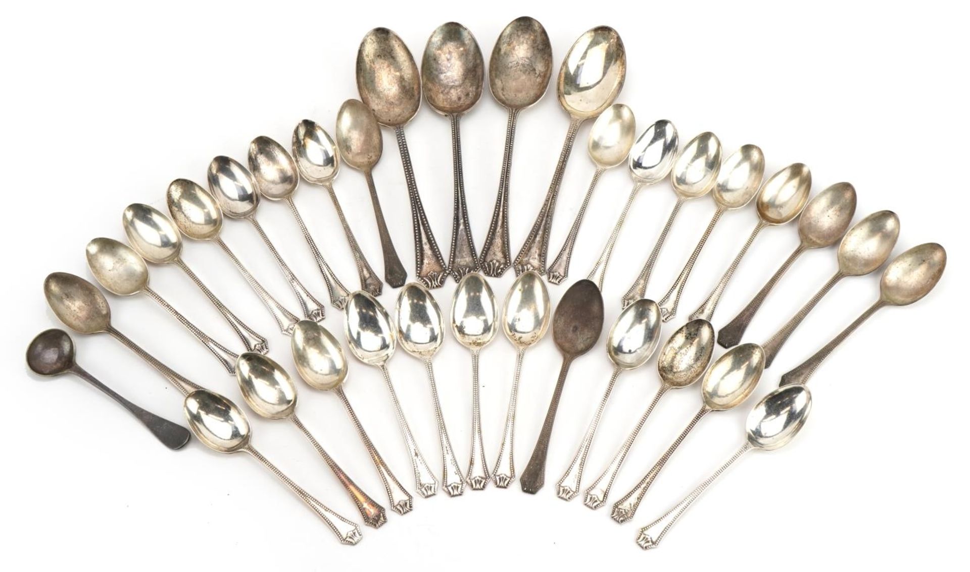 Collection of silver tablespoons and teaspoons, various hallmarks, the largest 18cm in length, total