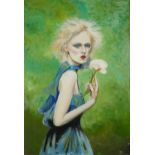 Clive Fredriksson - Half length portrait of a female holding a rose, oil on canvas, unframed,
