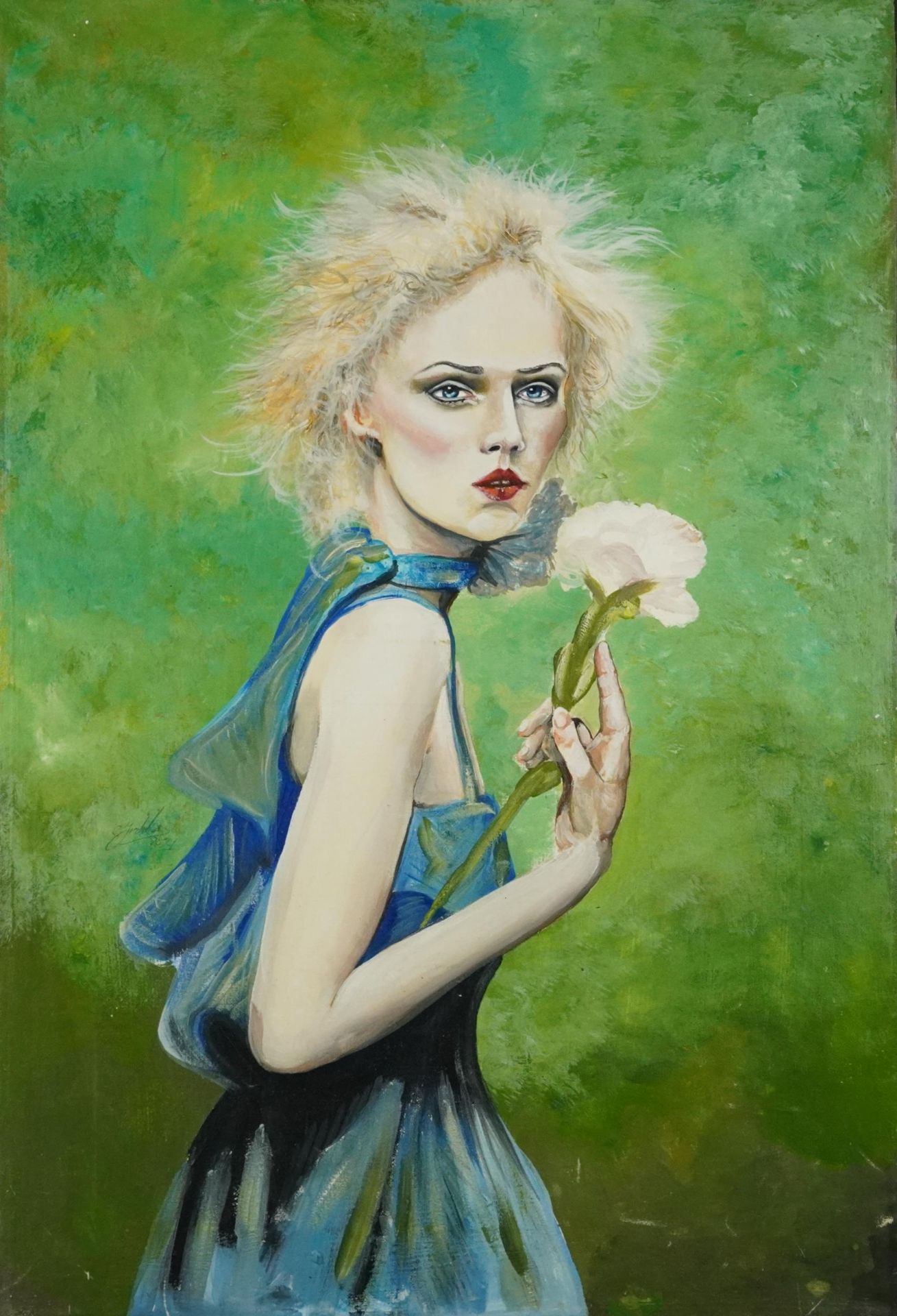 Clive Fredriksson - Half length portrait of a female holding a rose, oil on canvas, unframed,