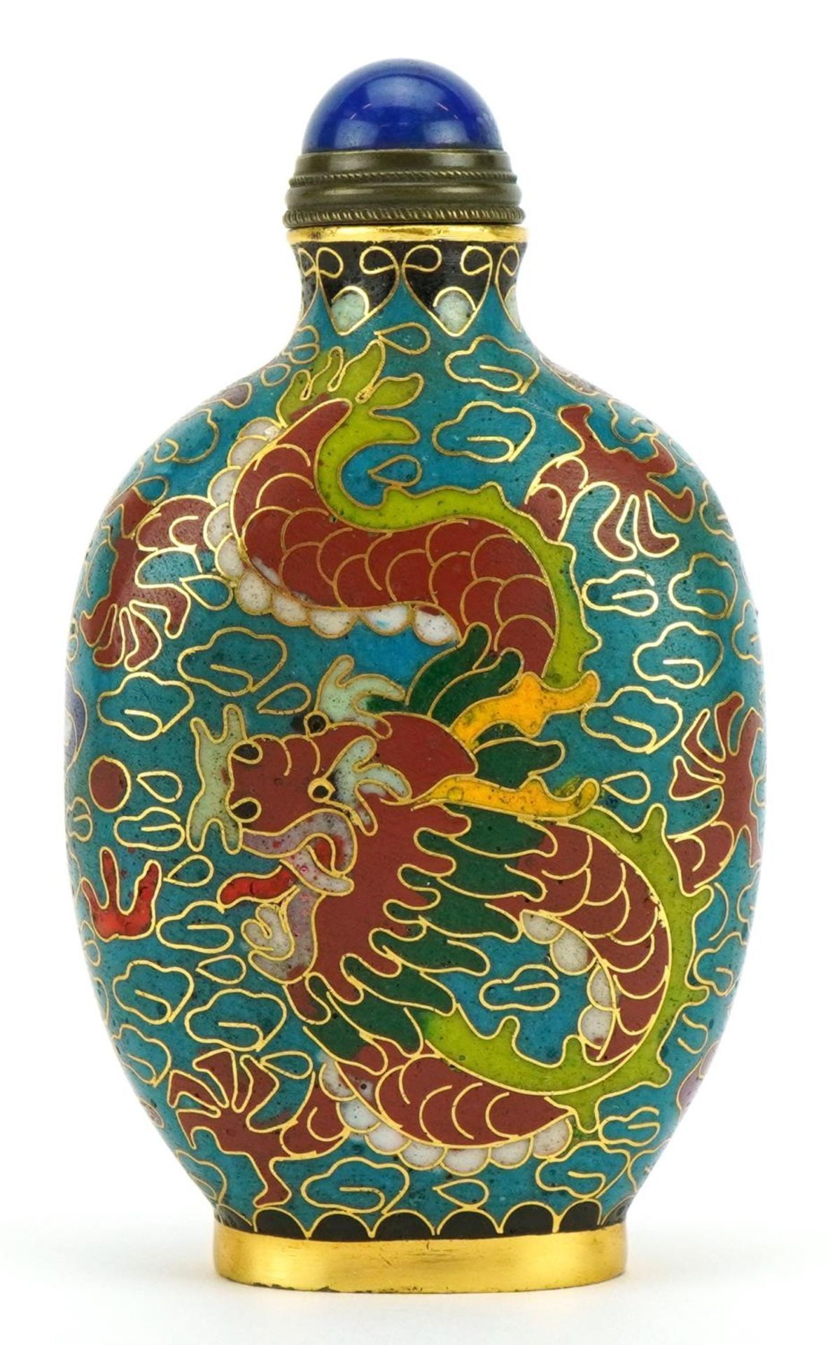 Chinese cloisonne snuff bottle with stopper enamelled with dragons, 8.5cm high - Image 2 of 3