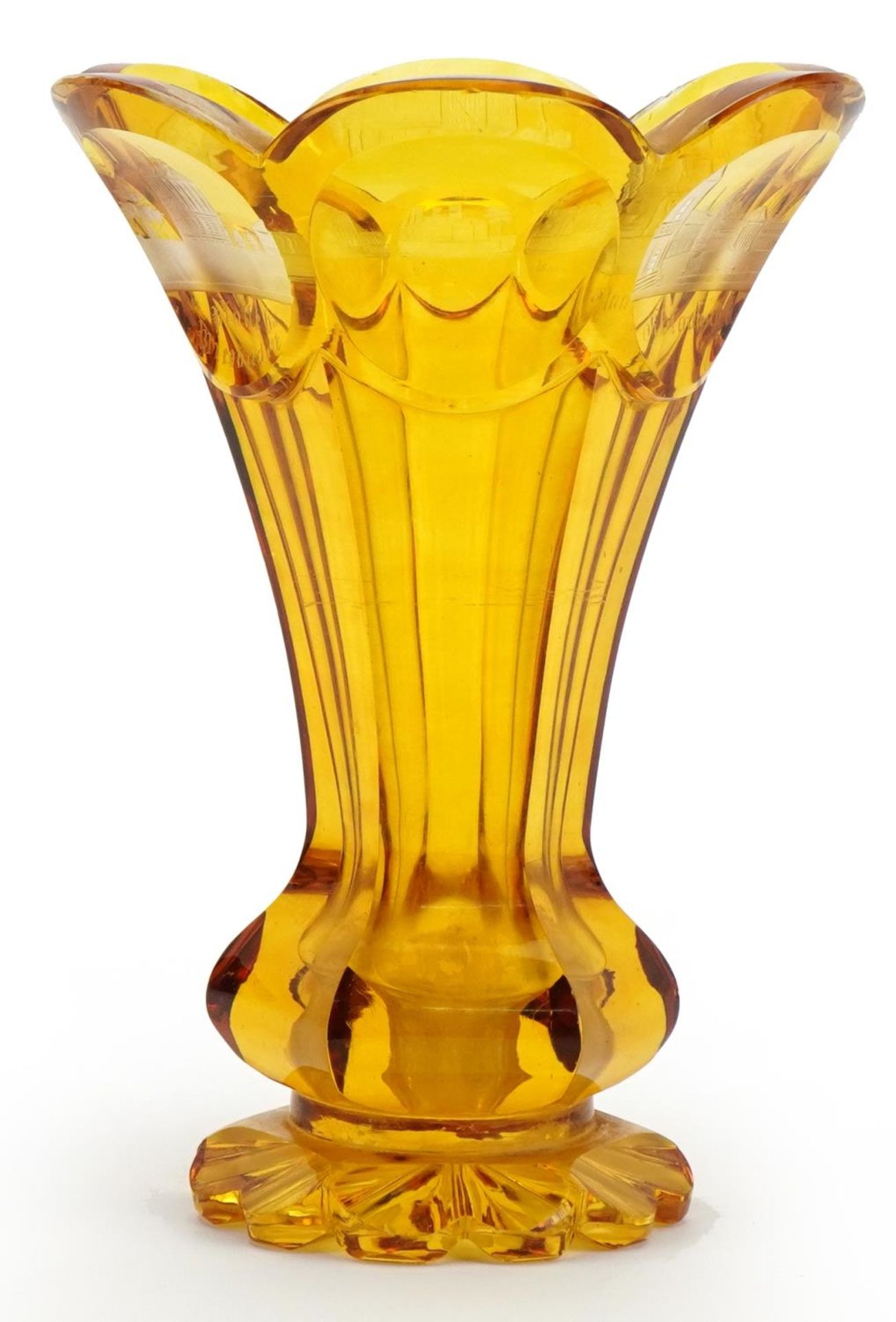 Bohemian amber coloured glass vase etched with towns including Kurnal and Sonnenberg, 18cm high - Image 2 of 3