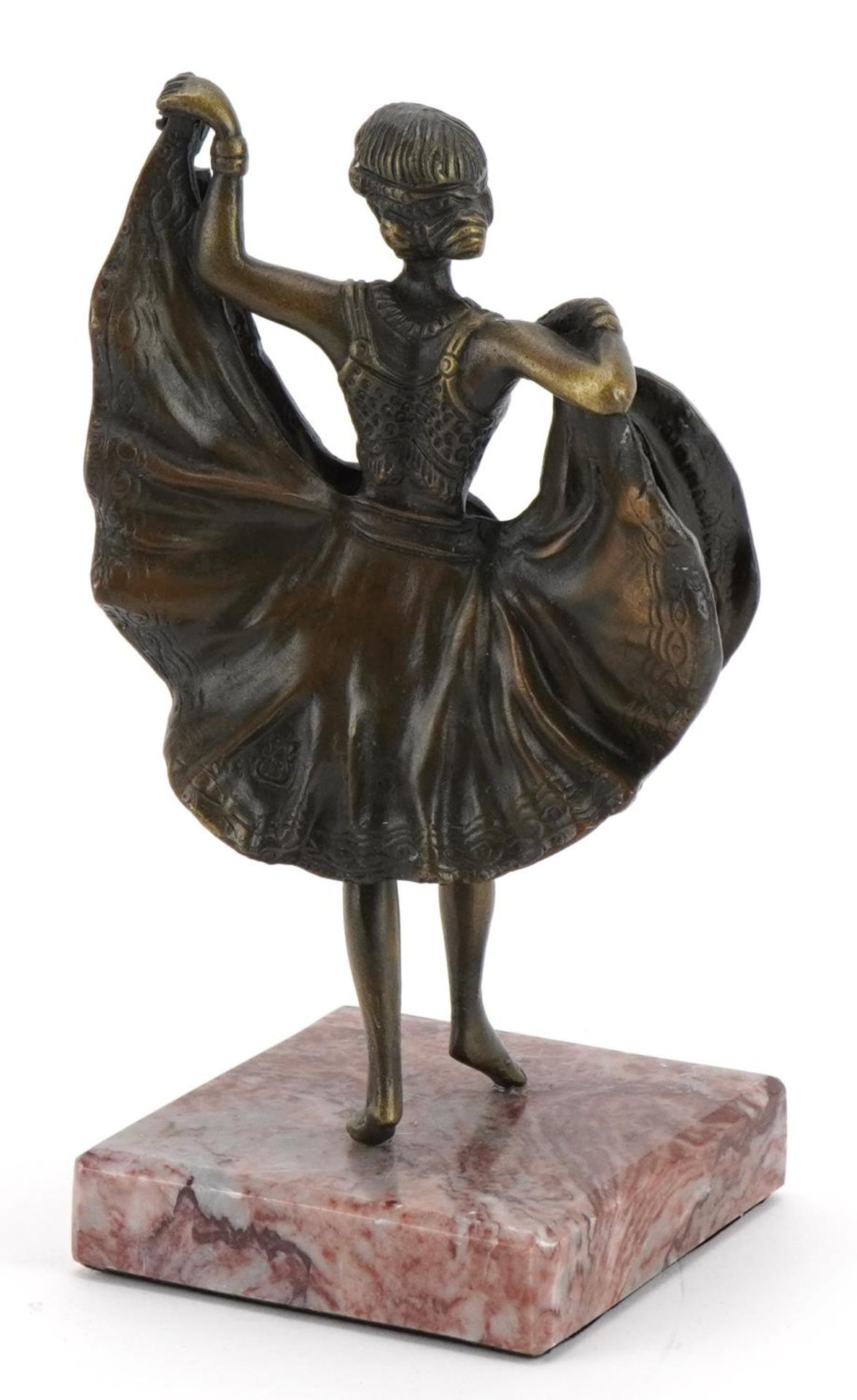 Patinated bronze figurine of an Art Deco dancer with lift up skirt raised on a marble base, 15.5cm - Bild 3 aus 5