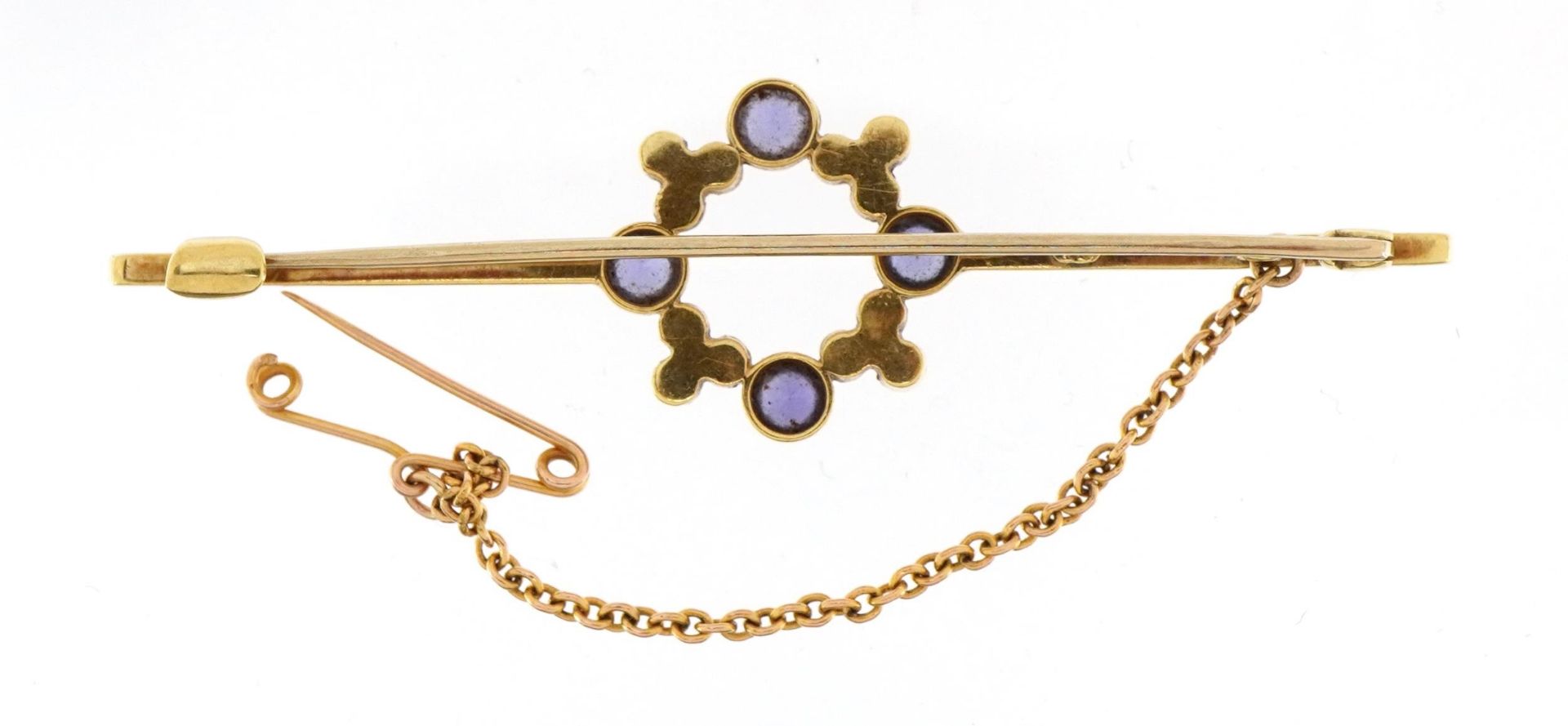 Victorian 15ct gold sapphire and seed pearl brooch with safety chain, 6.0cm wide, 4.4g - Bild 2 aus 3