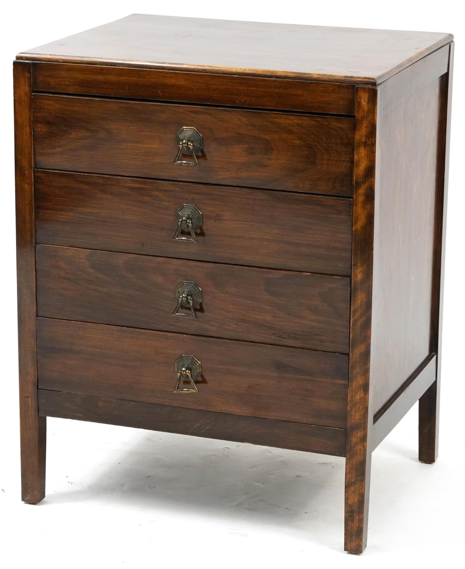 Art Deco oak four drawer record cabinet with drop down fronts, 62cm H x 49cm W x 38cm D
