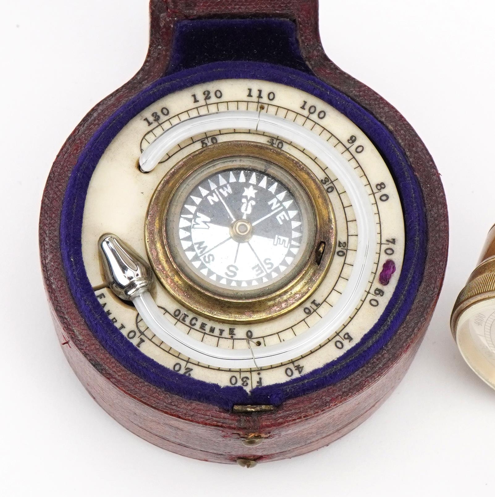 19th century leather cased weather station comprising gilt brass compensated pocket barometer with - Image 2 of 5