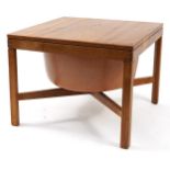 Mid century Norwegian teak work table with slide top, 42cm H x 55cm W x 55cm D