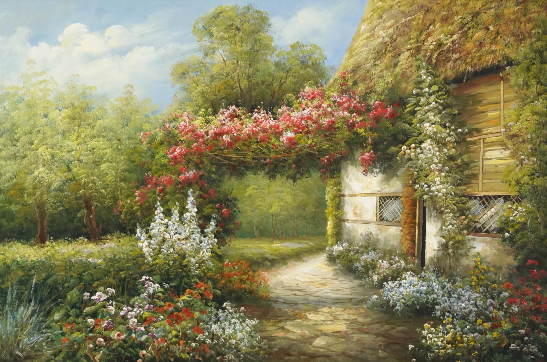 Cottage garden scene with wild flowers, oil on canvas, mounted and framed, 90cm x 60cm excluding the