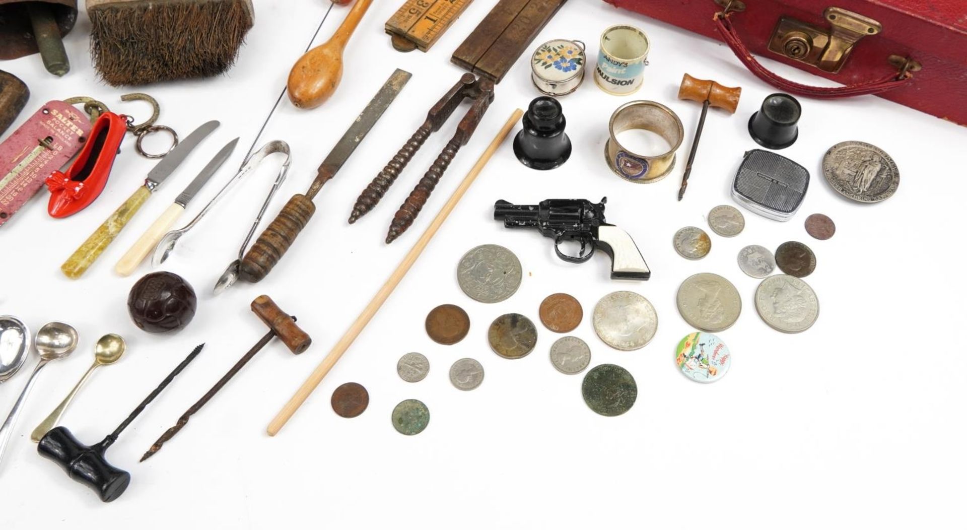 Antique and later objects including bone opera glasses, world coins, folding boxwood rules, cow - Image 5 of 5