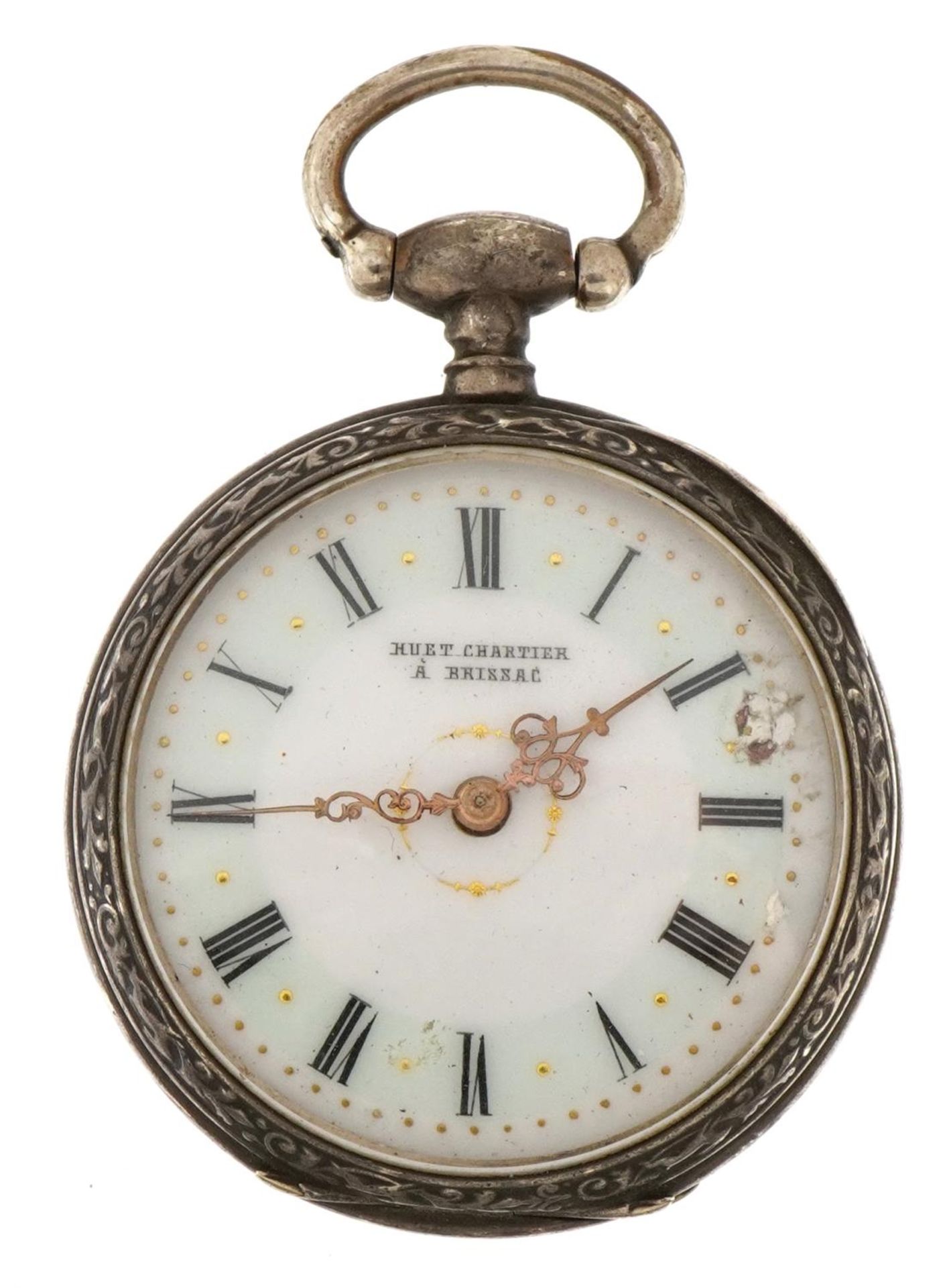 Hewet Chartier white metal open face pocket watch with enamelled dial, the case marked Argent Fin,