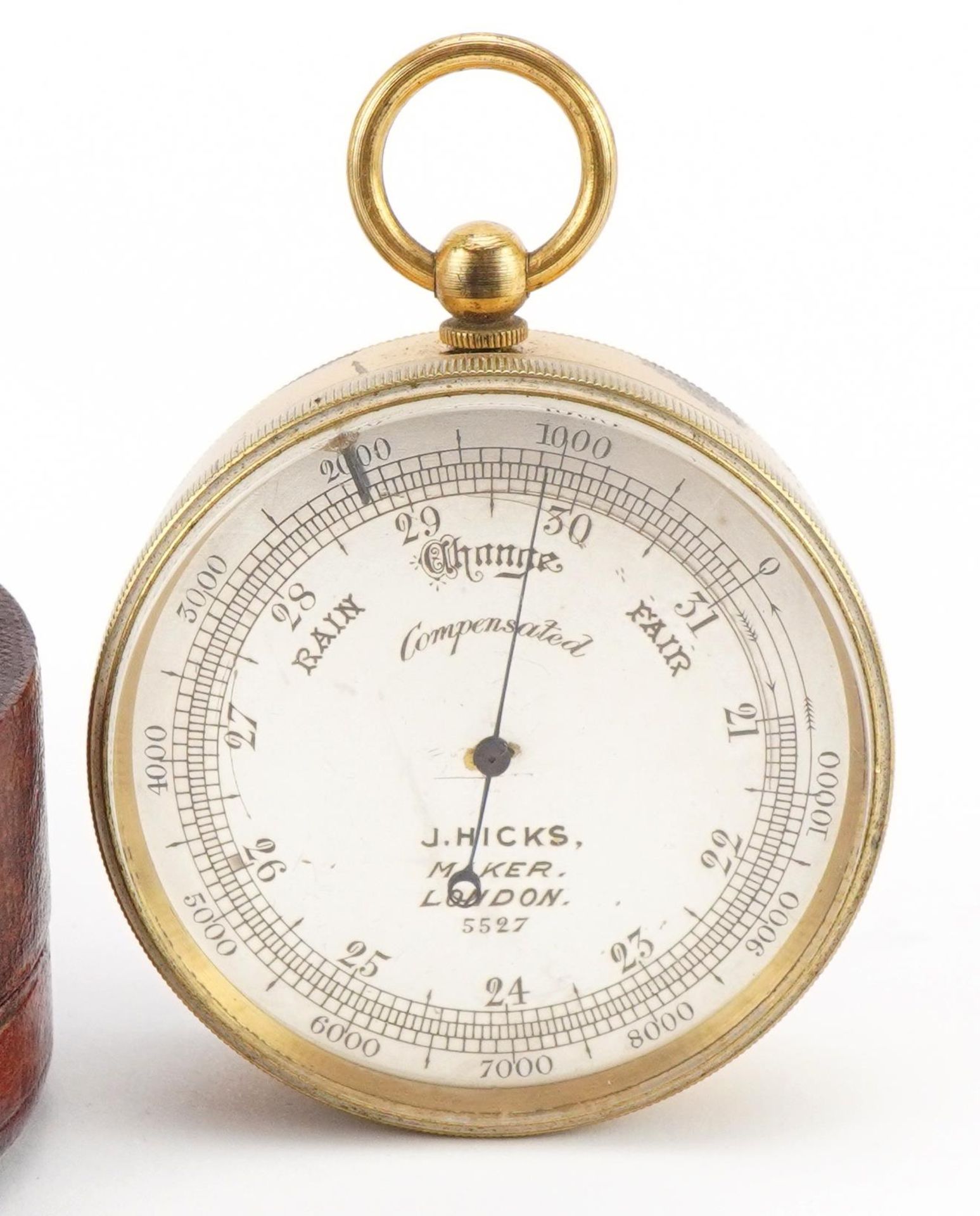 19th century leather cased weather station comprising gilt brass compensated pocket barometer with - Image 3 of 5