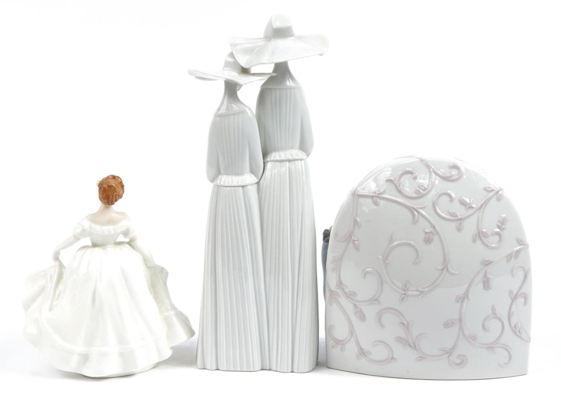 Collectable porcelain figurines comprising Lladro Pierrot clock, Lladro figure group of two nuns and - Image 2 of 4