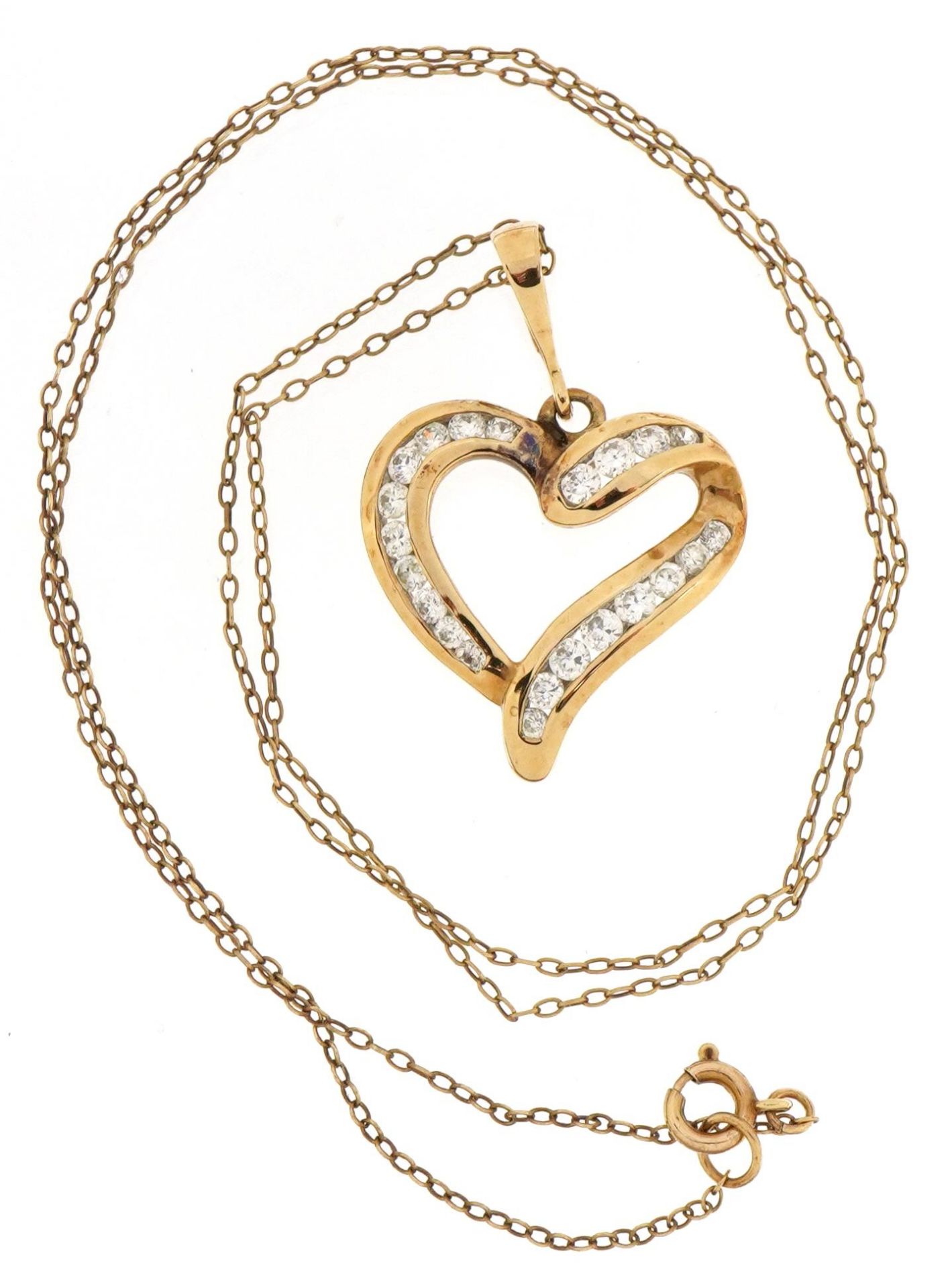 9ct gold clear stone love heart pendant on a 9ct gold Belcher link necklace, 3.2cm high and 48cm - Image 2 of 5