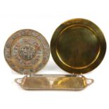 Metalware including an Indian brass, copper and silver Tanjor plate and silver plated serving tray