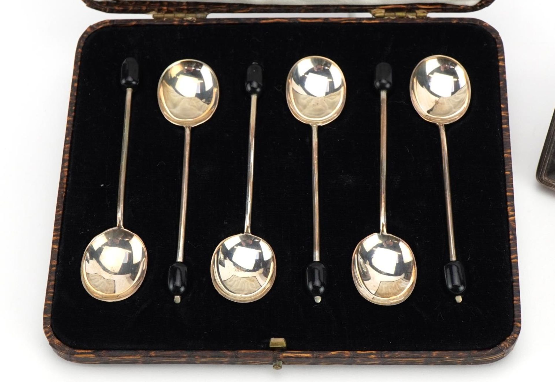 Carr's miniature silver easel clock and set of six silver coffee bean spoons with fitted case, the - Image 2 of 7